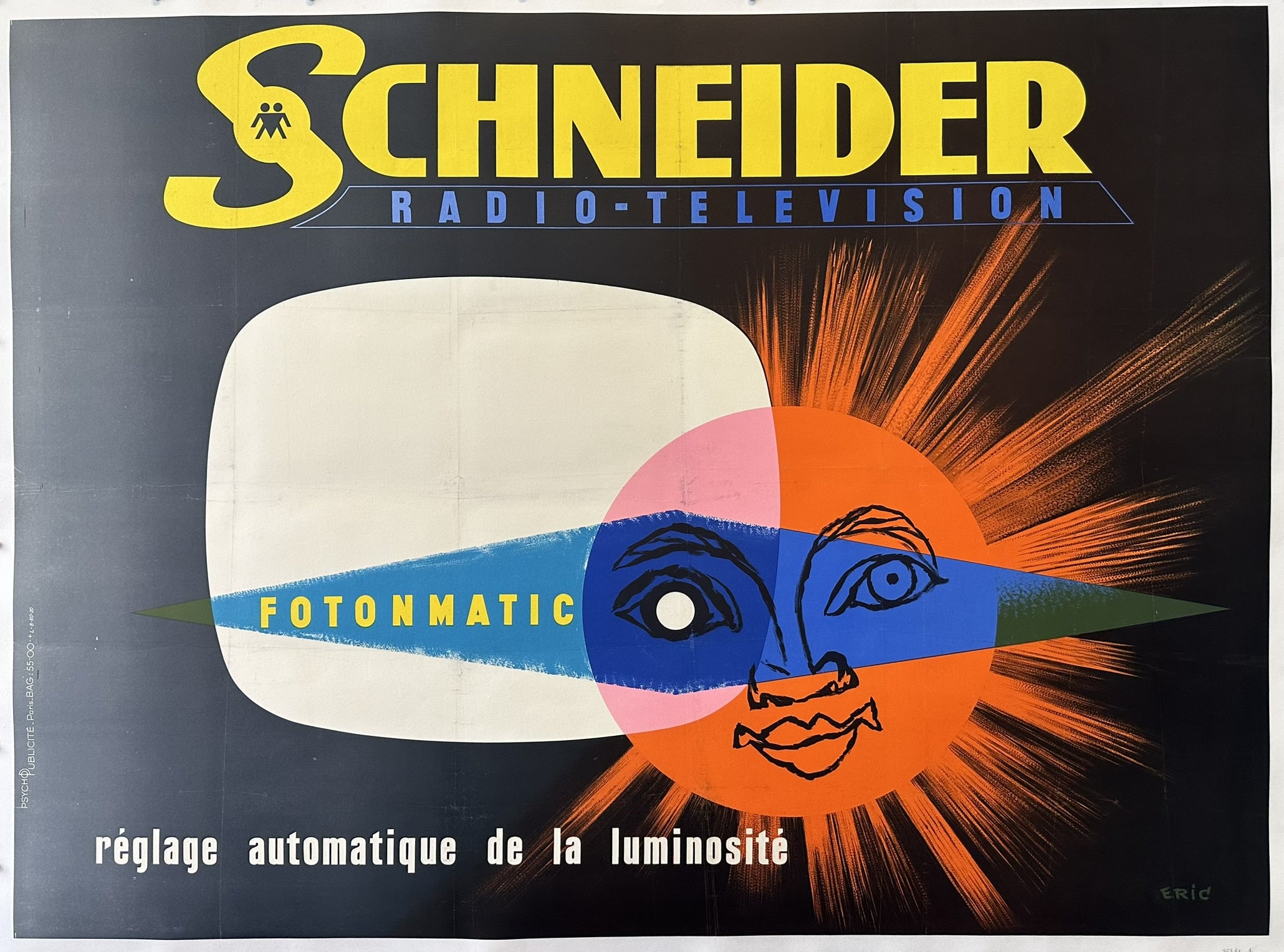 Vintage poster for Schneider Radio-Television featuring 'Fotonmatic' automatic brightness control, with a stylized sun and television screen."