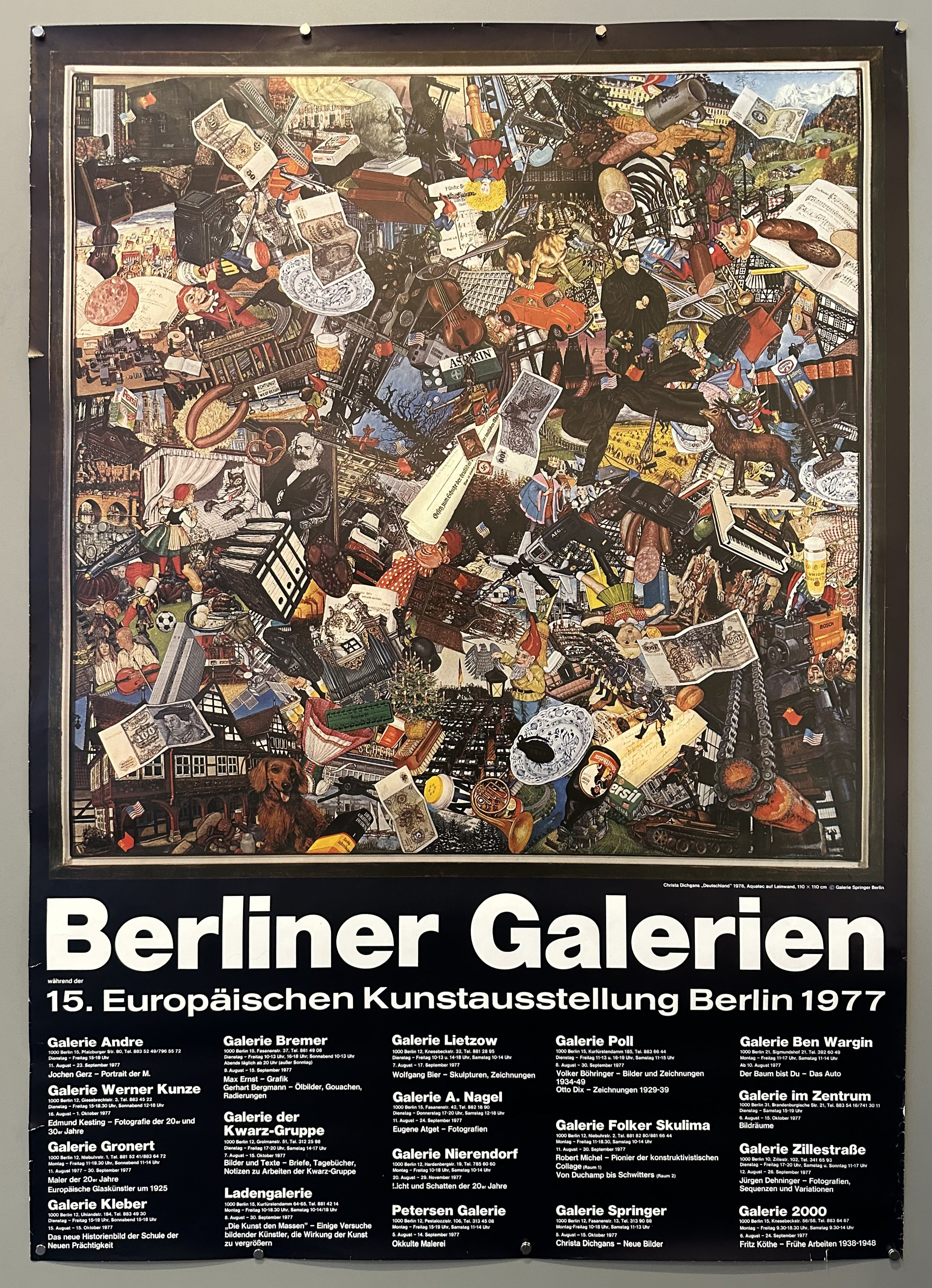 Poster promoting Berlin art galleries in 1977 with a collage of quintessentially German things.