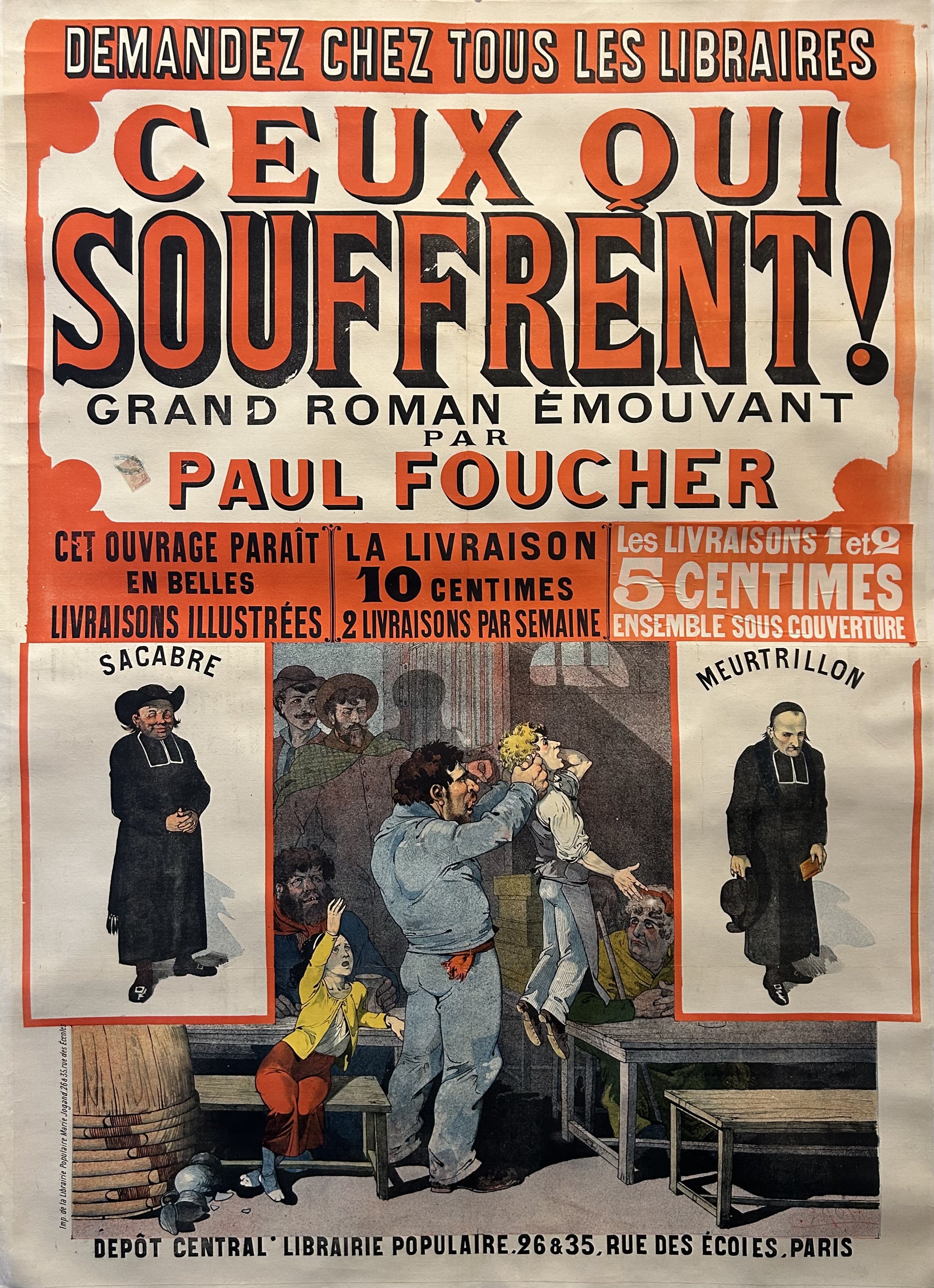 Poster announcing the release of 'Ceux Qui Souffrent!', a French novel with orange background, black text, and a scene from the book