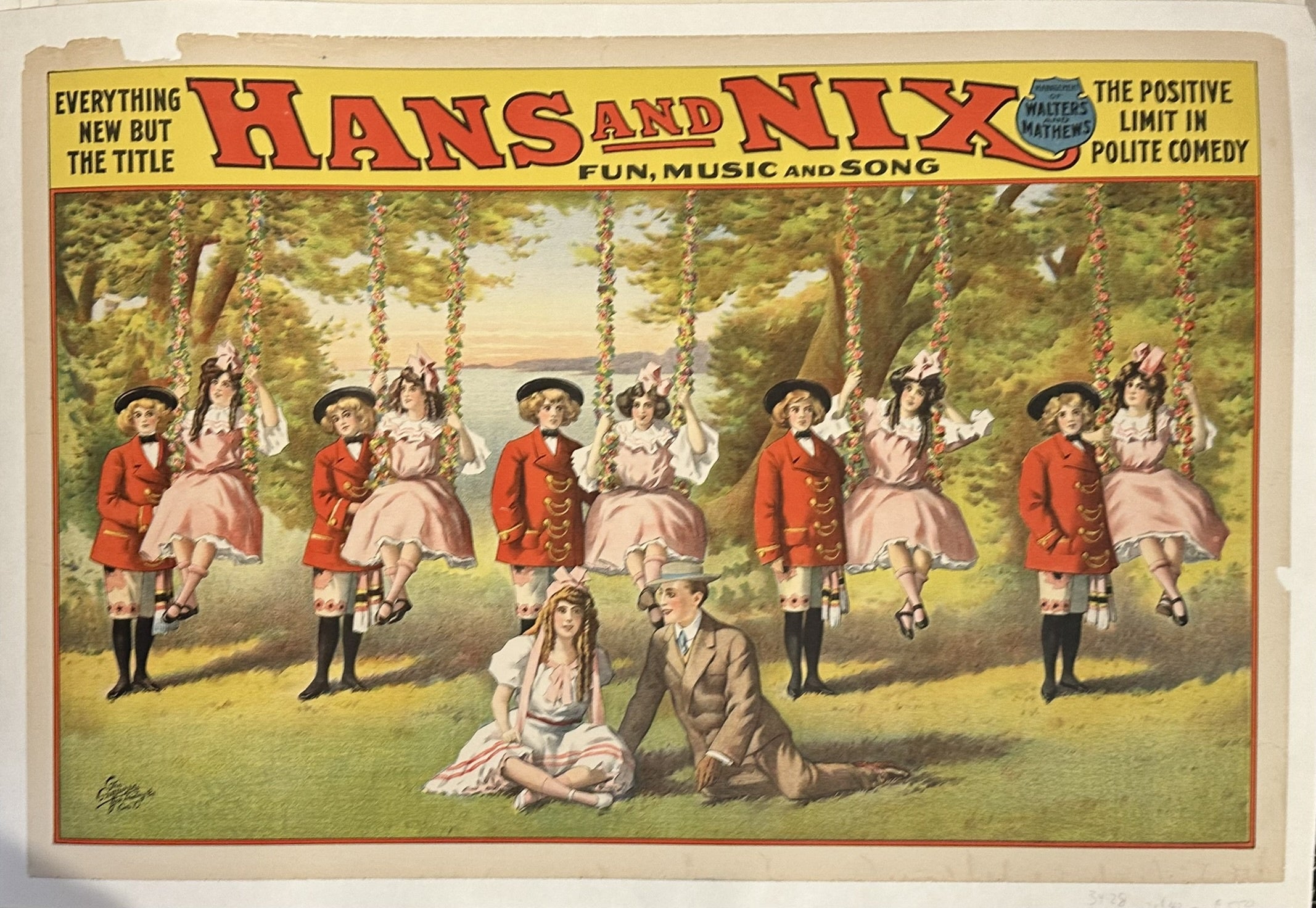 The show "Hans and Nix" likely ran for several years, which may explain variations in poster dates. The tagline "The Positive Limit In Polite Comedy" appears in a 1912 newspaper advertisement, which suggests a possible later limit for when this particular poster was in use.