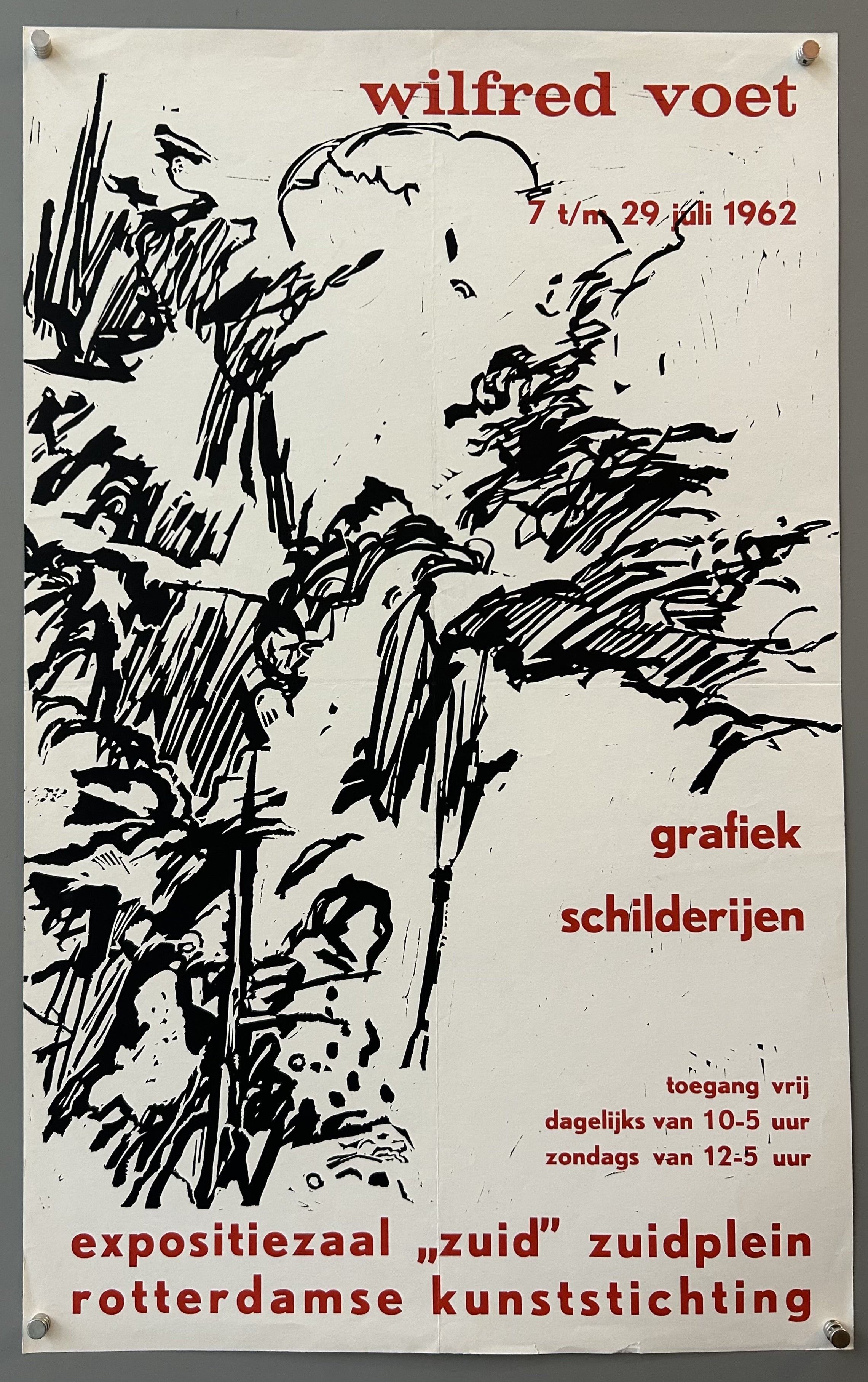 Black and white poster with red accent text to promote an art exhibition in the Netherlands.