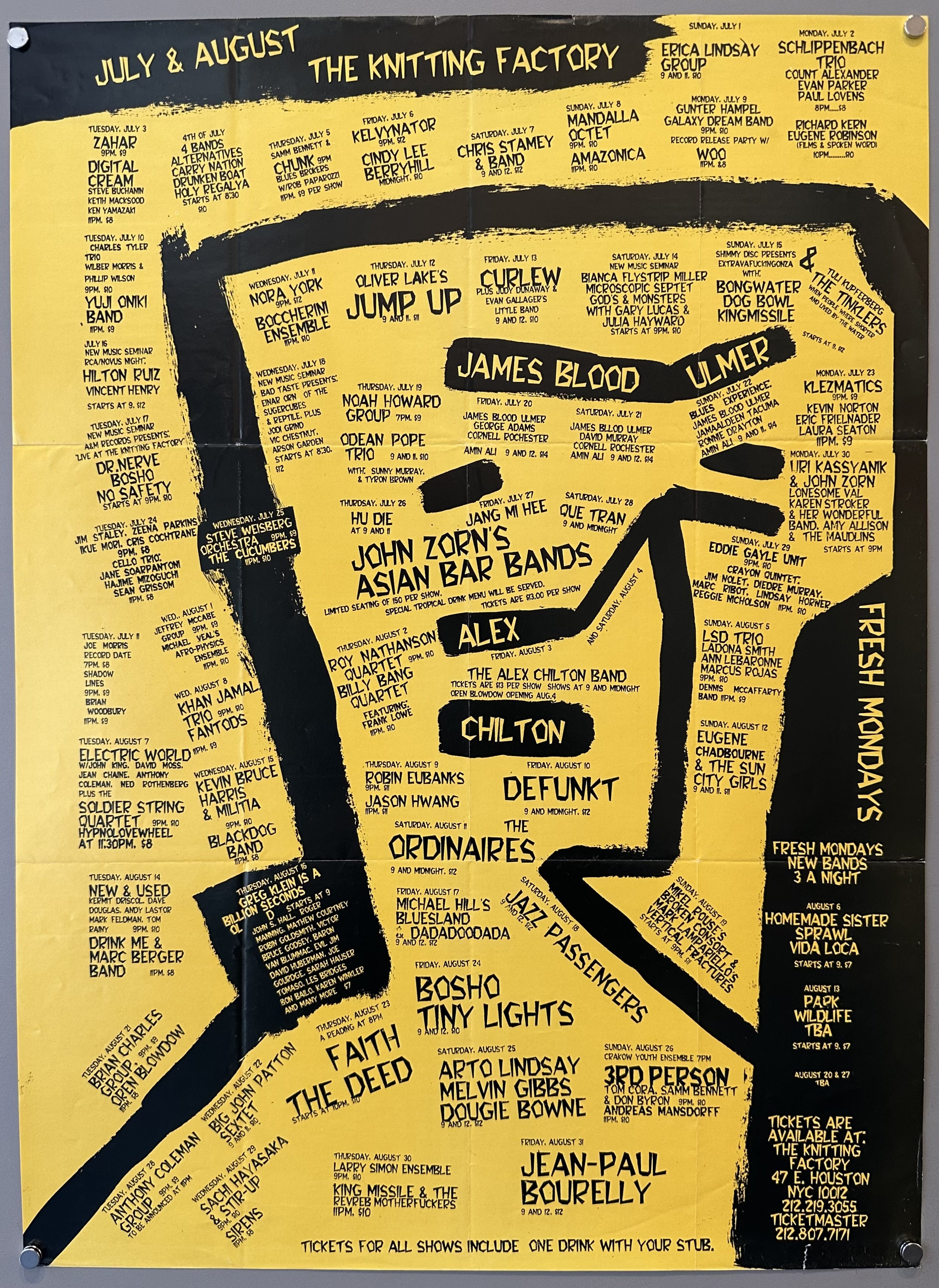 Yellow and black poster with names of bands playing at NYC nightclub 'The Knitting Factory' with backside including various coupons and advertisements.