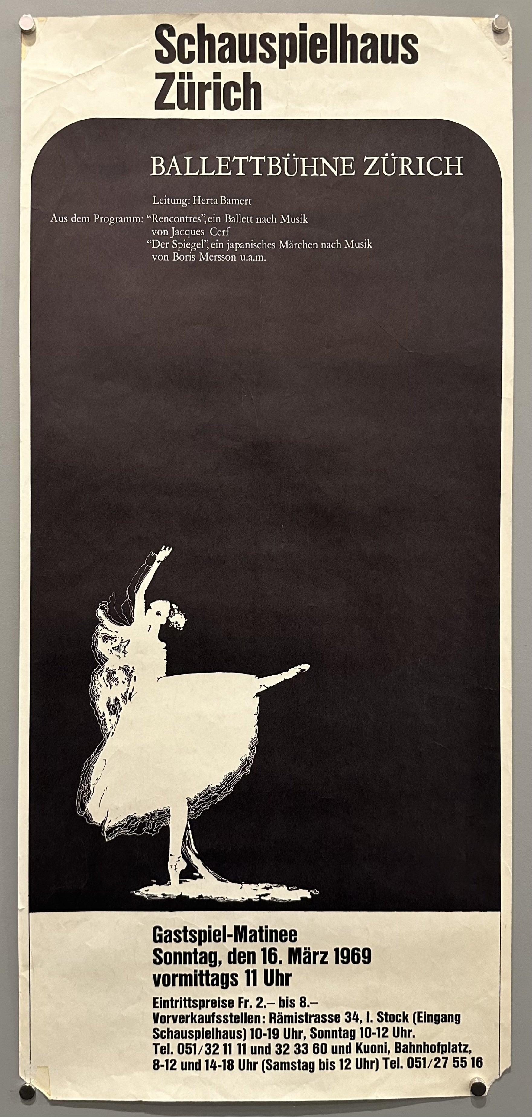 A ballerina's outline dances against a black background in this minimalist poster promoting the ballet in Zurich.