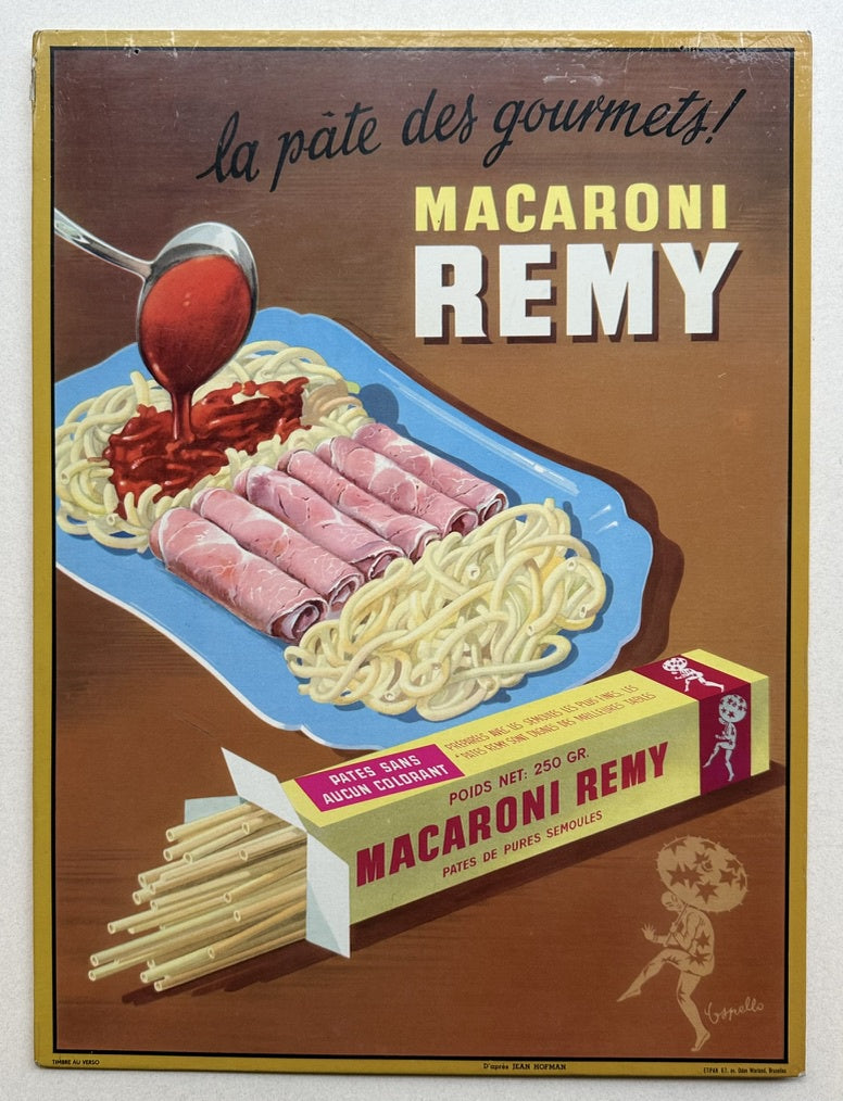 The poster features a plate of macaroni with what appears to be ham rolls and tomato sauce, along with a box of dried macaroni.