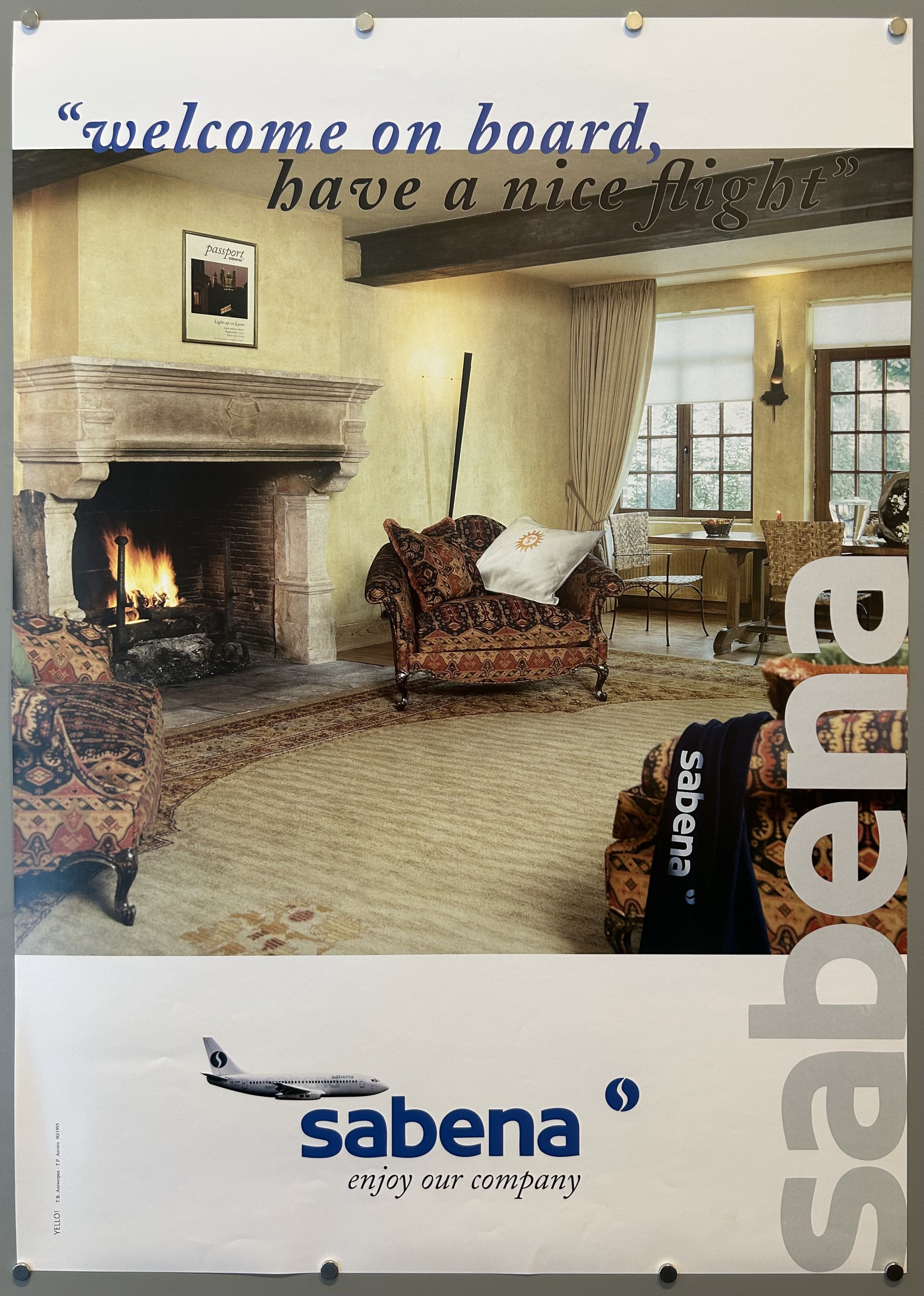 Sabena, the Belgian national airline, operated from 1923 until its bankruptcy in 2001. The style of the poster and the specific mention of "Passport" magazine strongly suggest a connection to that publication's timeframe.