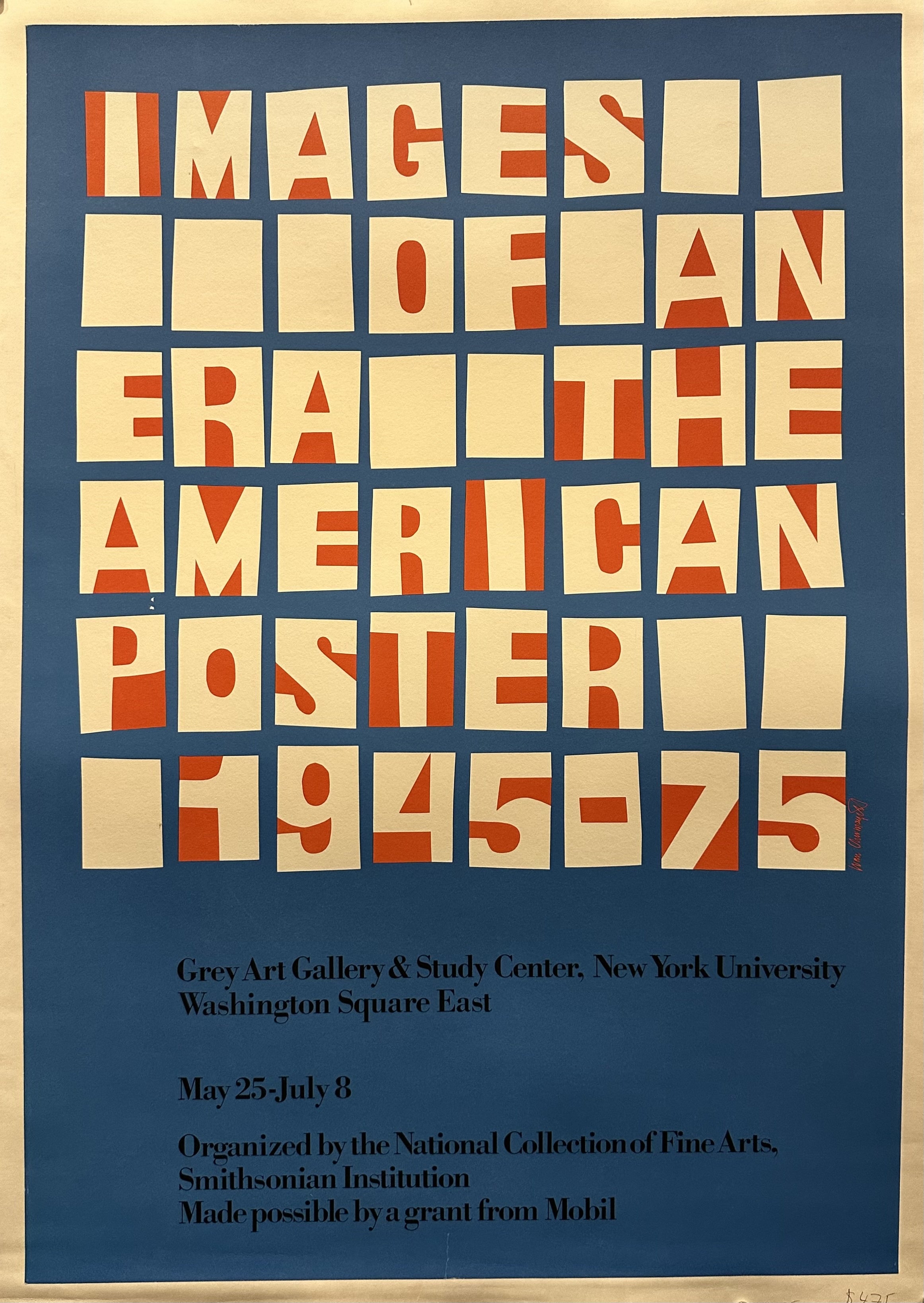 Blue poster with red and white squares with text in them promoting the exhibition at NYU.