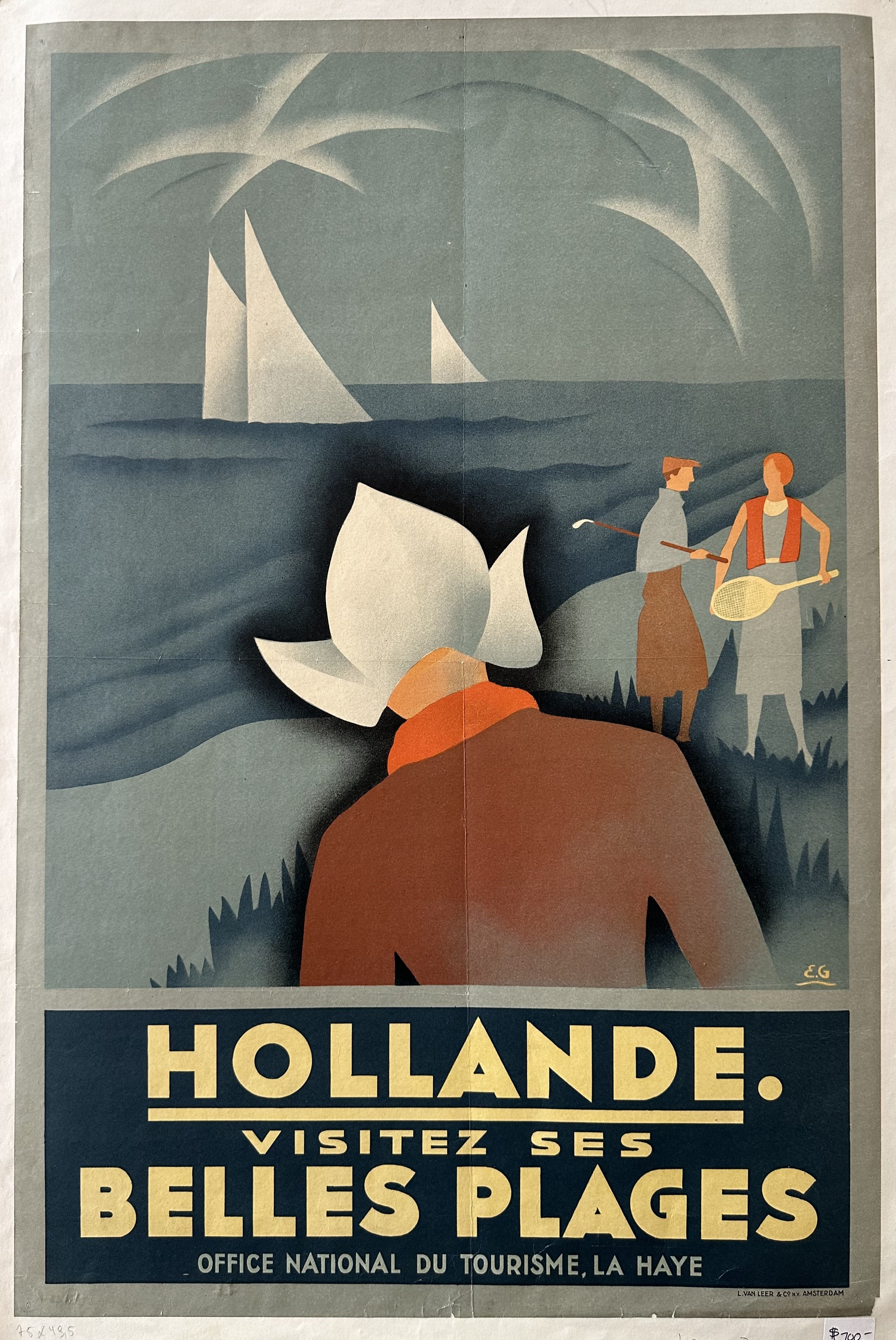 The poster is featuring three people in traditional Dutch attire standing on a beach, looking out at a sailboat in the water.