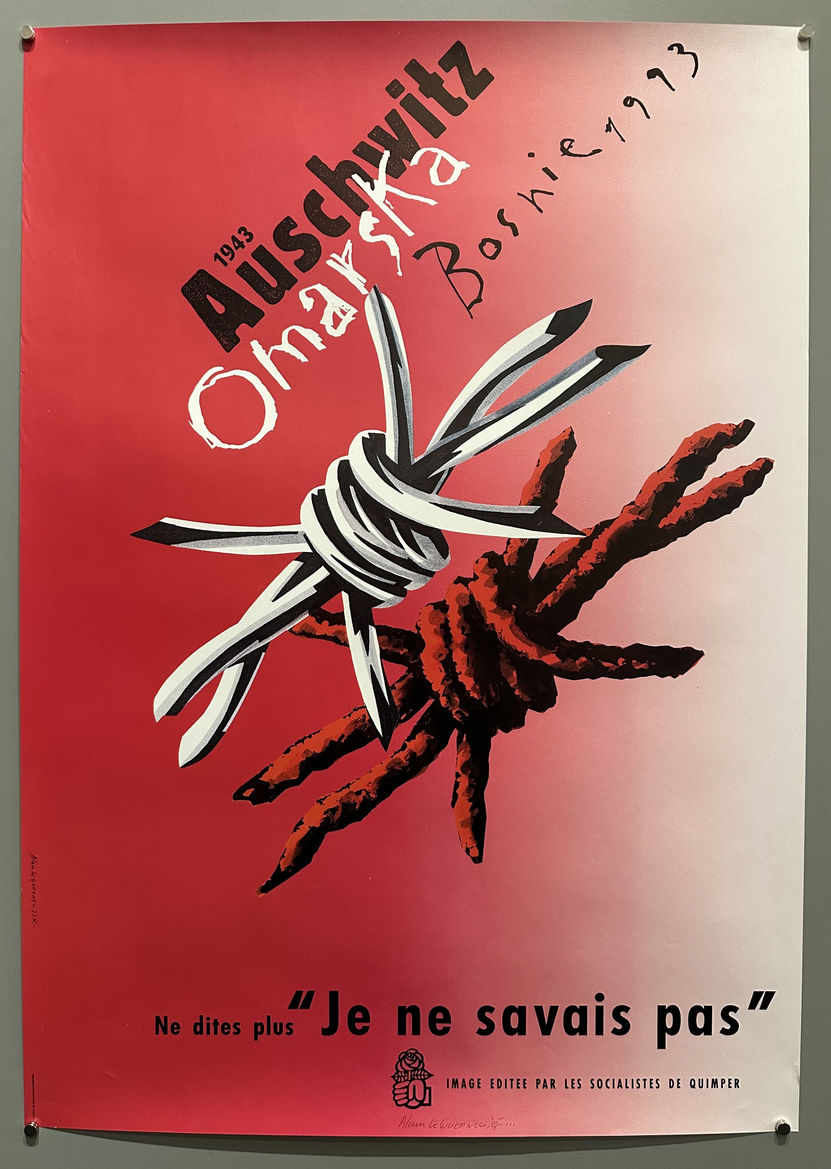 Ombre red poster with barbed wire calling out Bosnian run concentration camps during WWII.