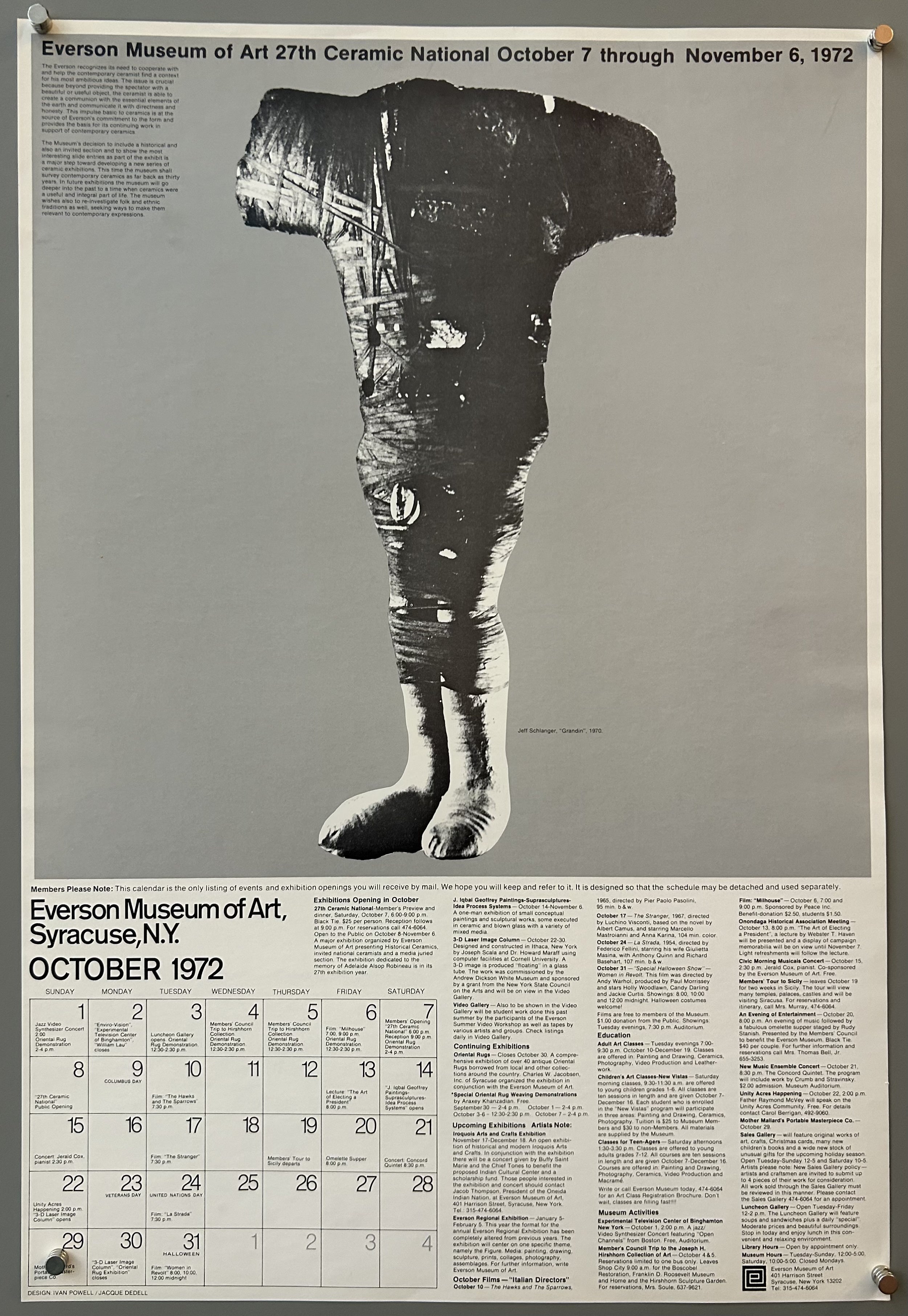 Lower quadrant of poster includes a calendar and descriptions of events while top quadrant features a sculpture from artist Jeff Schlanger.