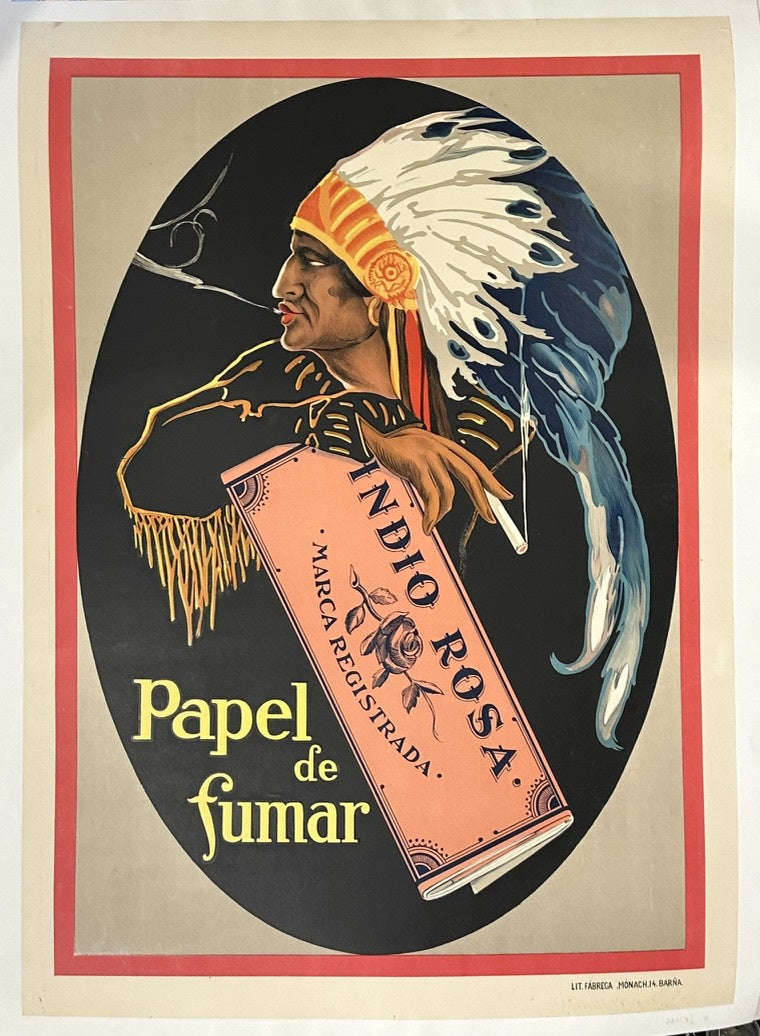 The "Indio Rosa" poster, advertising cigarette papers, dates back to the 1930s, with some sources more specifically placing it around c. 1925 or c. 1930. It is considered a vintage Spanish advertising poster from that period.