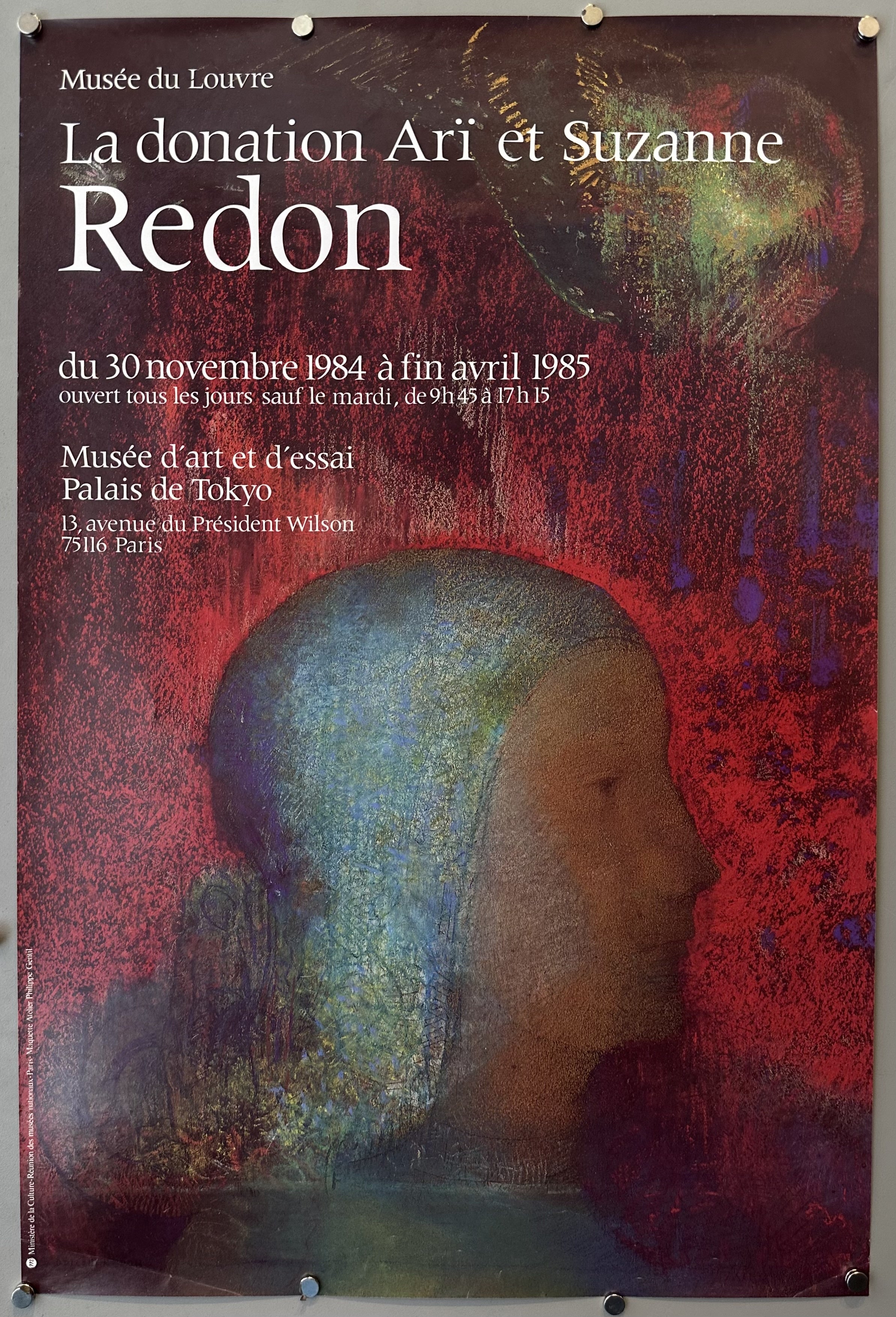 Odilon Redon painting as background of poster promoting an exhibition at the Louvre with white text in top left-hand corner.