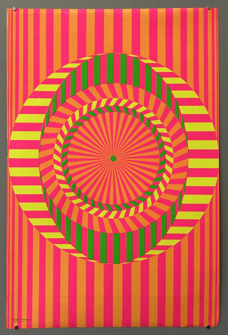 The poster is an original vintage "Psychedelic Circles" poster, also known as "Op-Sun Black Light Poster," from the 1960s and is American in origin. It is a type of blacklight poster often associated with the psychedelic art movement of that era.