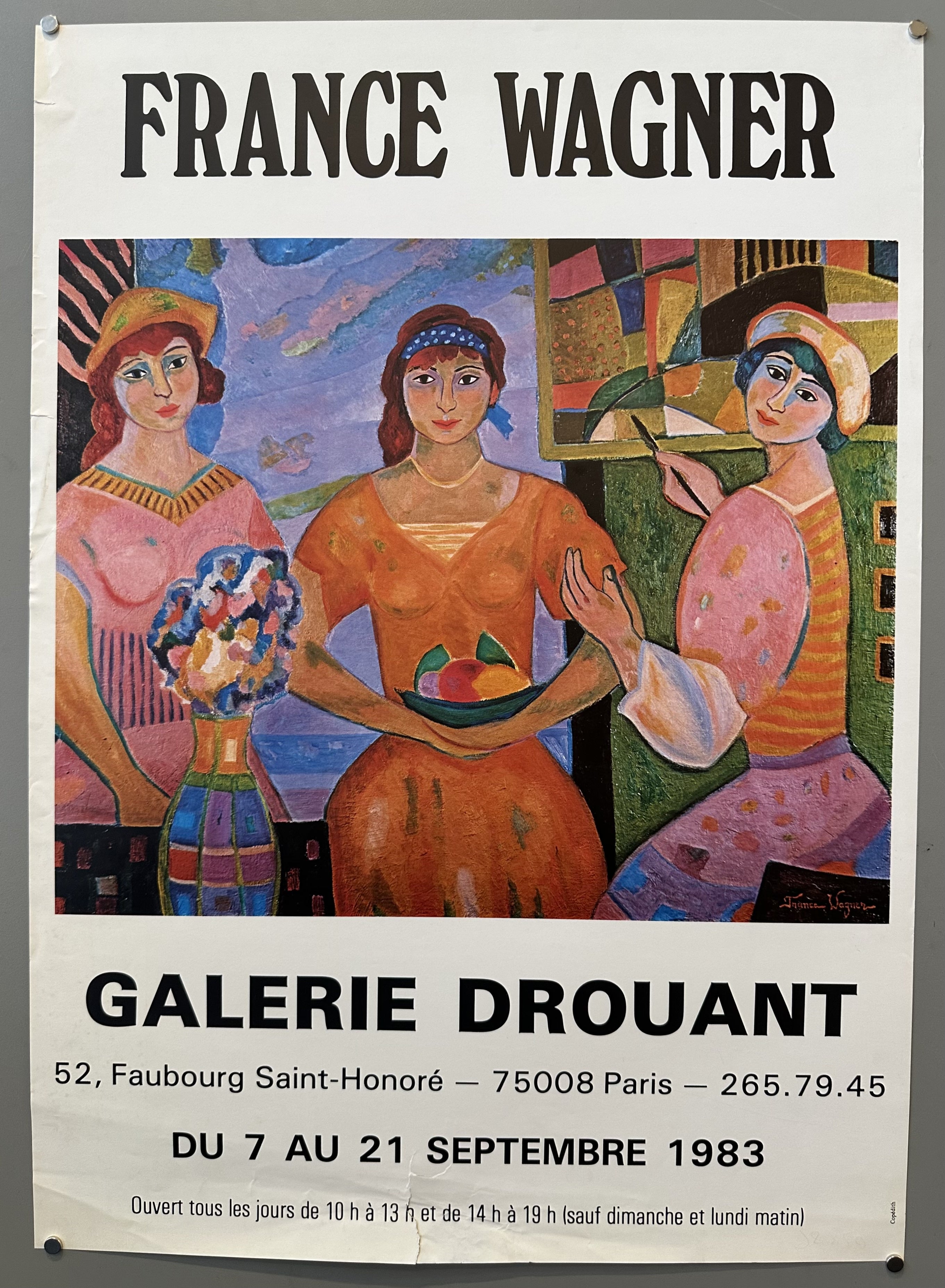 This poster advertises an art exhibition by artist France Wagner at the Galerie Drouant in Paris, France.