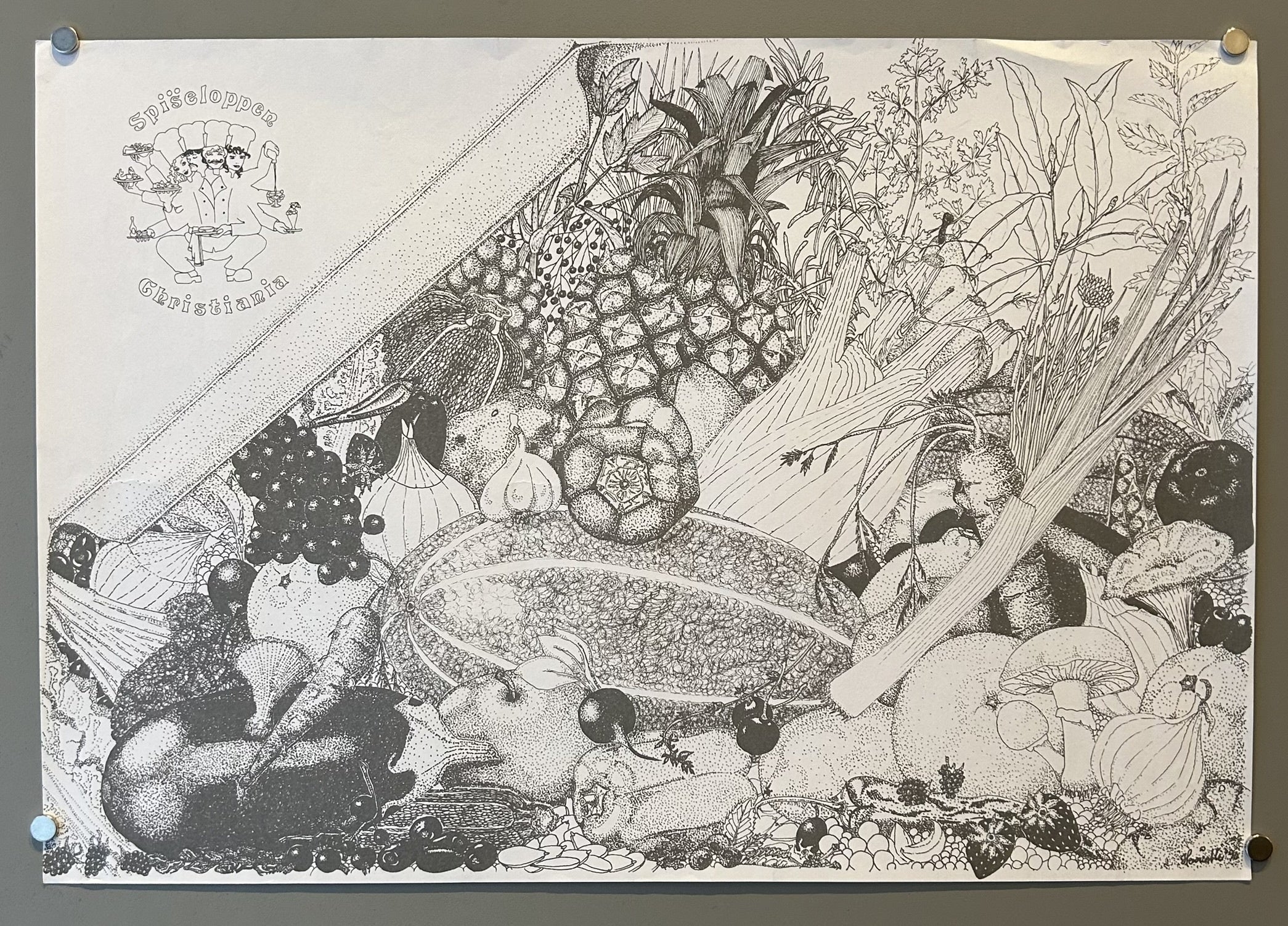 The image is a black and white, detailed drawing of various fruits, vegetables, and a few other objects. The drawing is in a pointillism style, where small dots create the shading and details. Some of the items depicted include pineapples, grapes, garlic, onions, a cantaloupe, leeks, mushrooms, and other various fruits and vegetables.
