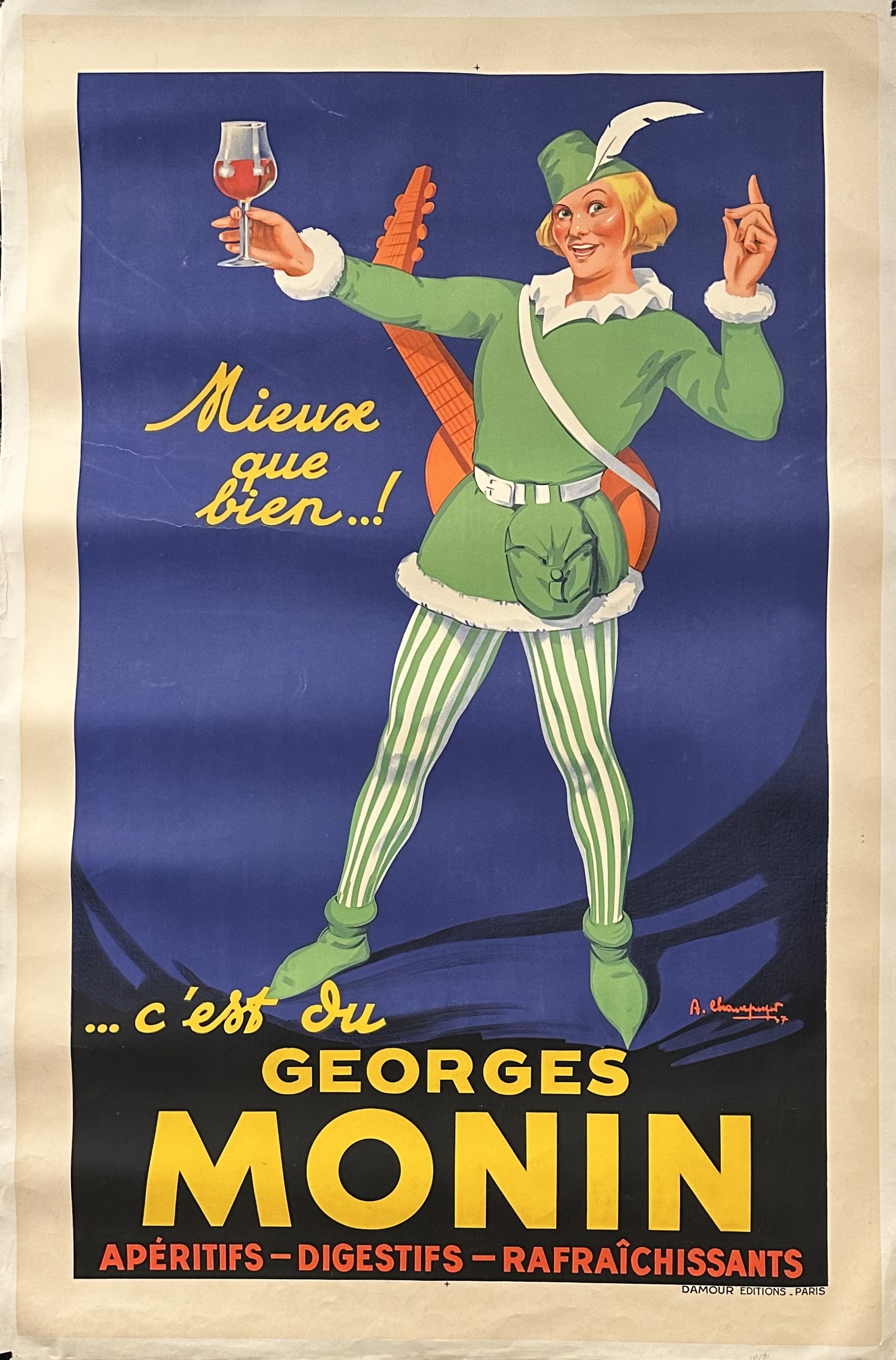 Robin Hood holds a glass of Monin aperitif in this oversized French advertising poster.