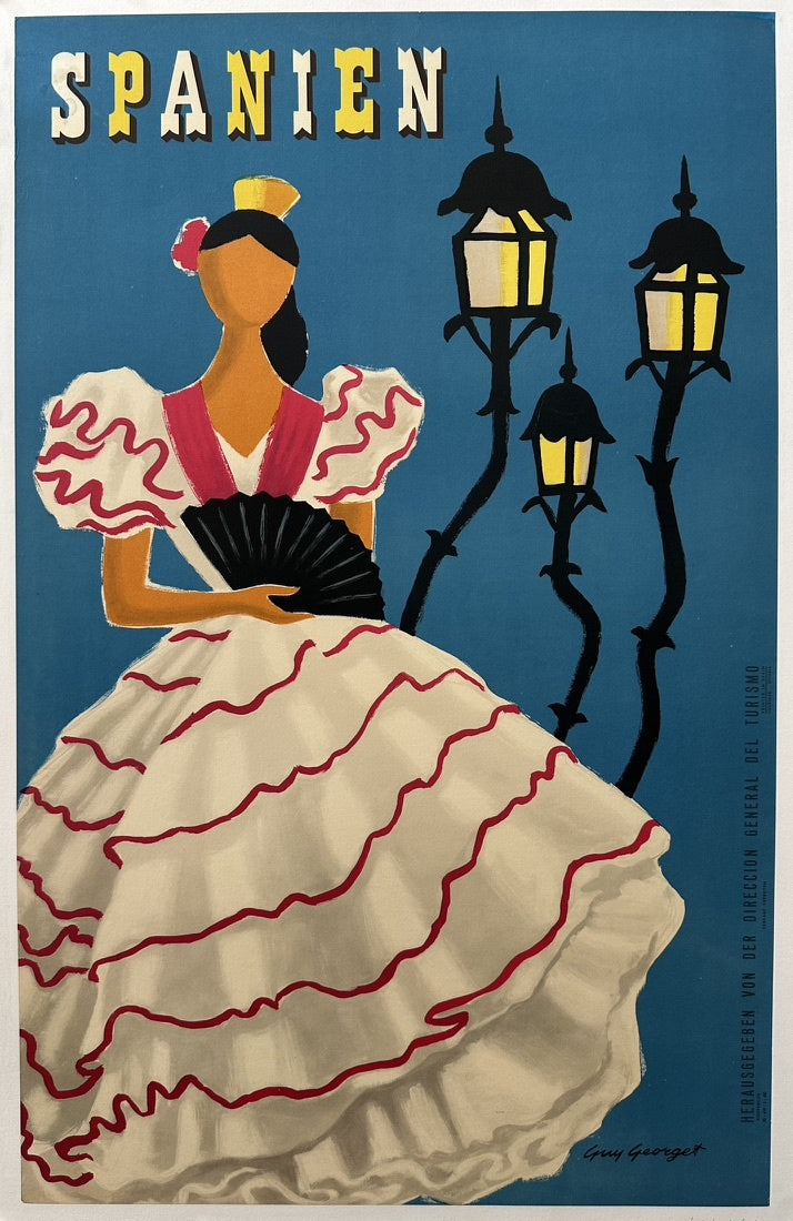 The poster was designed by Guy Georget (1911-1992), a French artist who began creating posters in the late 1940s, with his early travel posters showing influences from artists like Picasso and Matisse. This particular poster dates to approximately 1955.