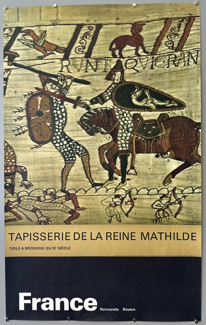This vintage travel poster features a scene from the Bayeux Tapestry, which depicts the Norman Conquest of England. The poster was created in 1962.