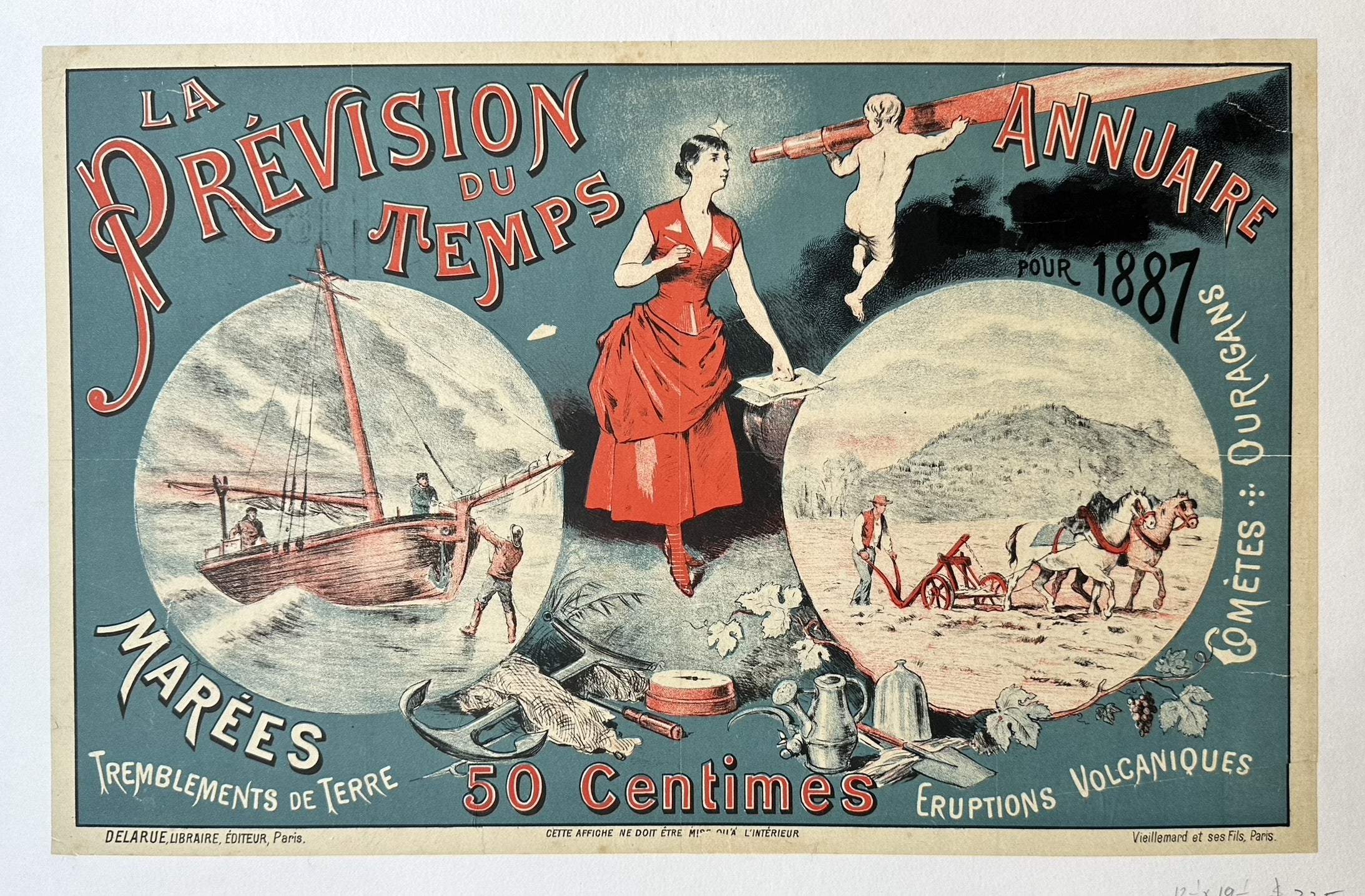 La Prévision du Temps Annuaire pour 1887” (Weather Forecast Yearbook), with a woman in red, a cherub with a telescope, stormy sea and rural scene insets, and text on tides, earthquakes, comets, hurricanes, volcanoes, priced at 50 Centimes.