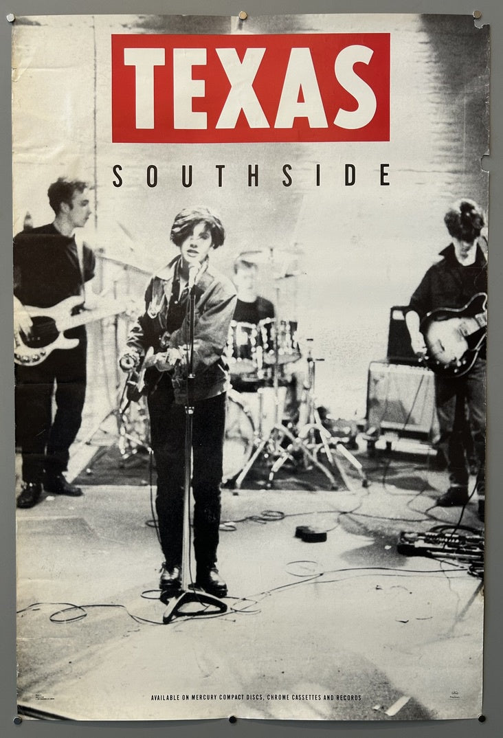 A black and white concert photo of the band Texas, with the album title "SOUTHSIDE" below the band's name "TEXAS" in red lettering at the top.