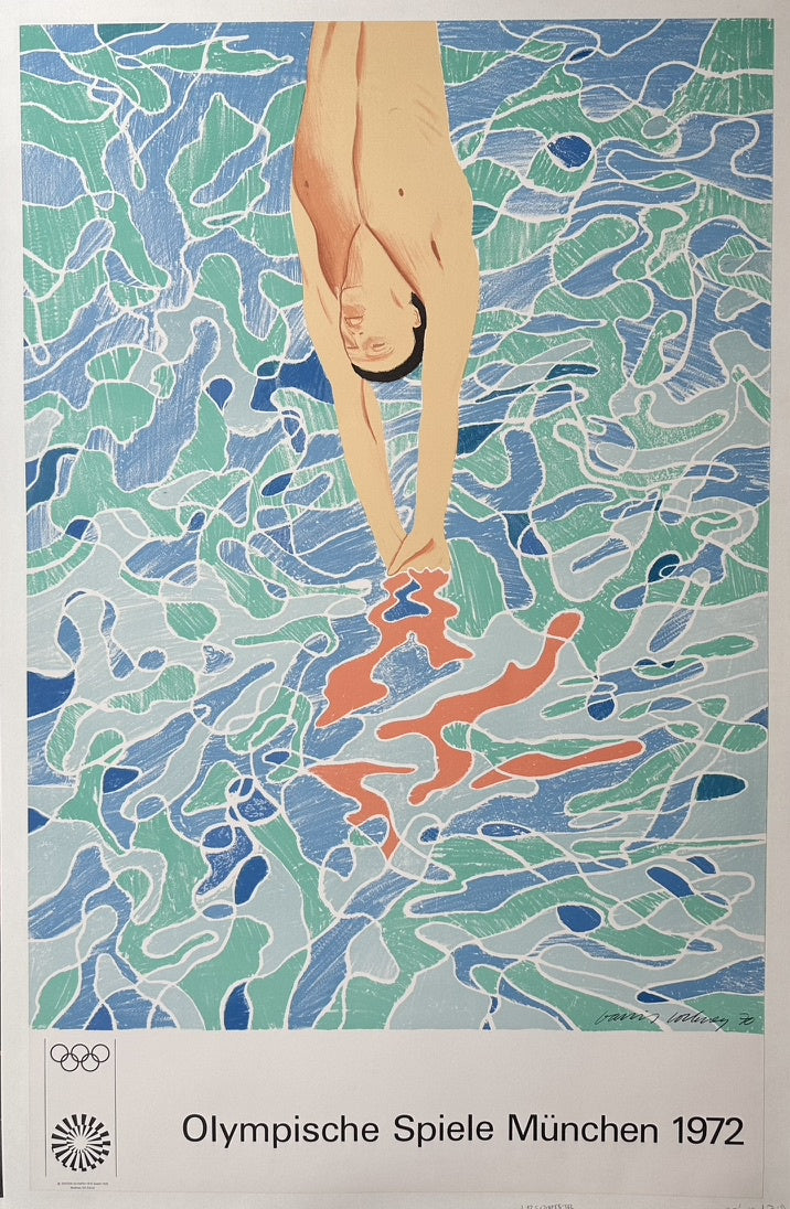 A poster for the 1972 Munich Olympic Games featuring David Hockney's "The Diver" artwork.