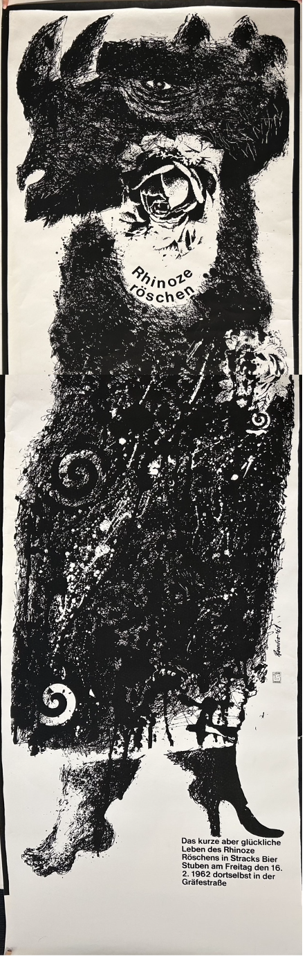 Rhino shaped head with a rose near where the mouth would be. The left foor is exposed with the right foot in heals, below the heal is the text "The short but happy life of the Rhinoze Röschens in Stracks Bier Stuben on Friday 16 February 1962 there in Grafestraße."