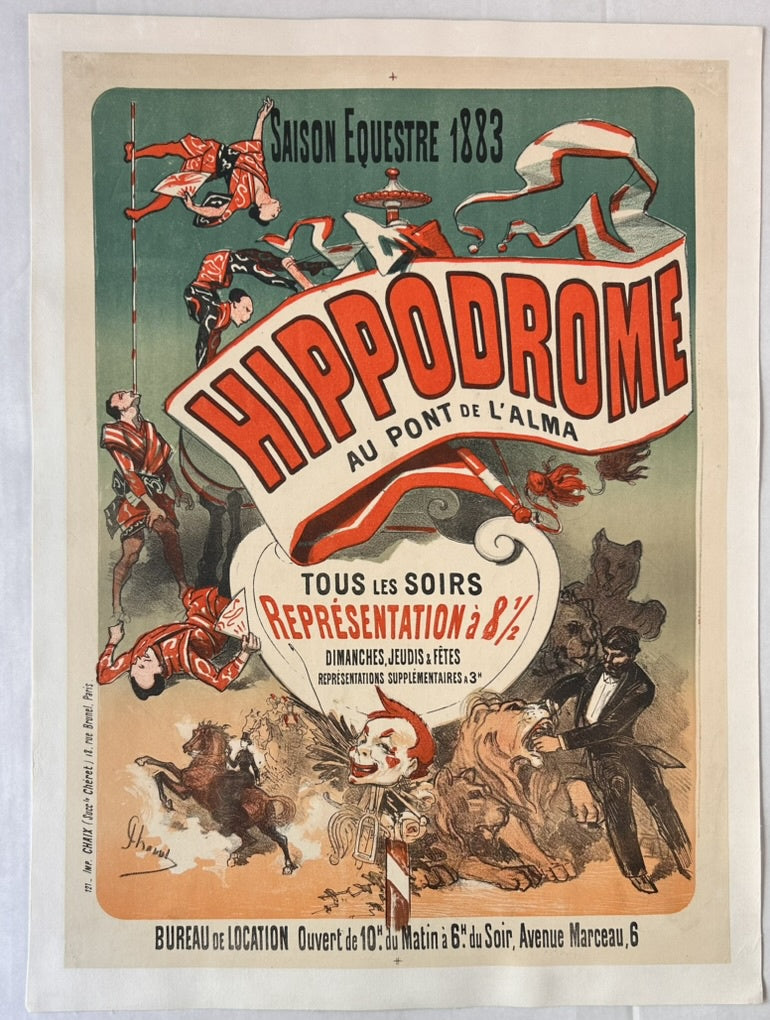 The poster advertises "Cadet Roussel," an equestrian pantomime or horse show featuring various acts, including bareback riders, acrobats, and clowns, at the Hippodrome located near the Pont de l'Alma in Paris.