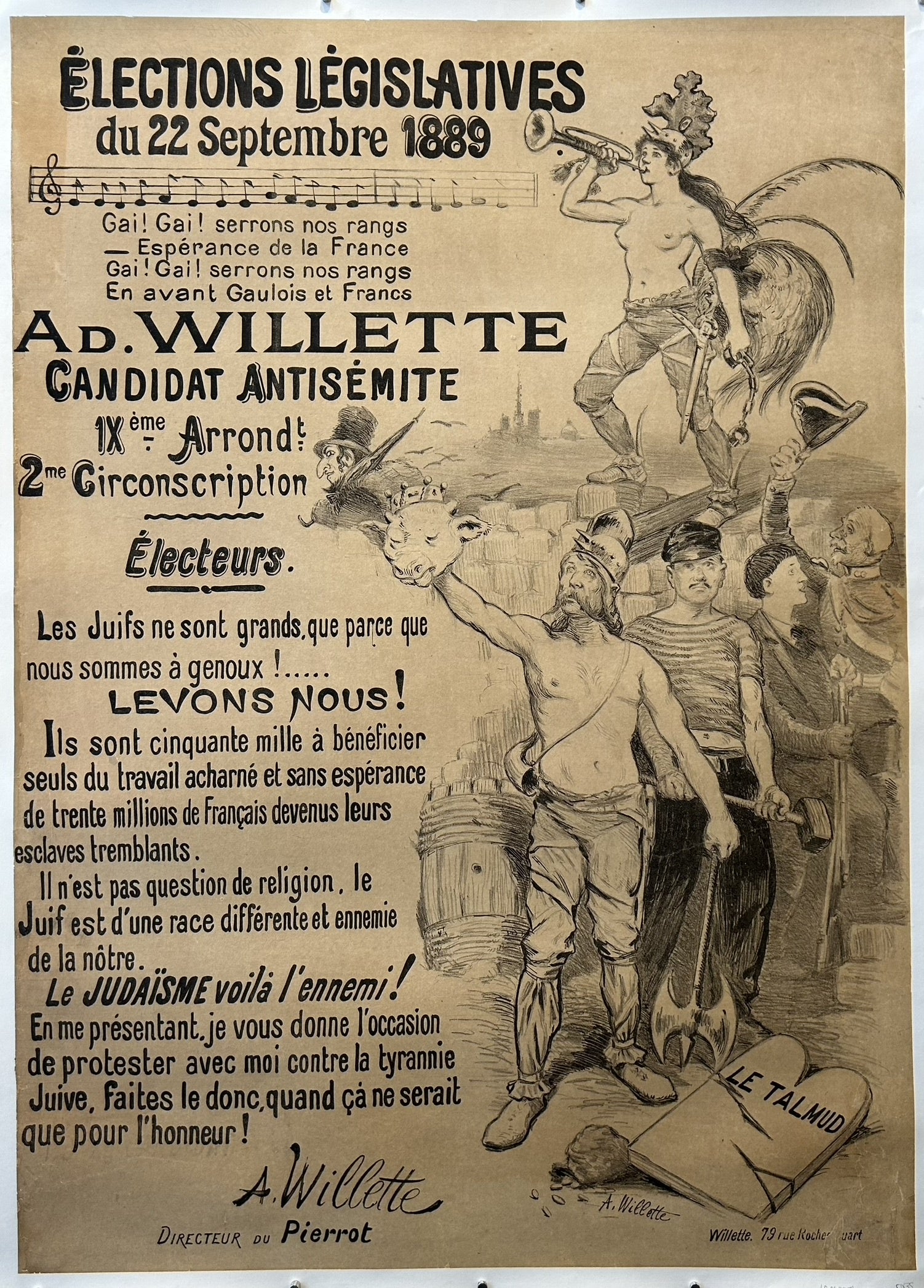 An 1889 French legislative election poster for antisemitic candidate Adolphe Willette, featuring a central figure holding a severed pig's head and surrounded by various allegorical figures and text.