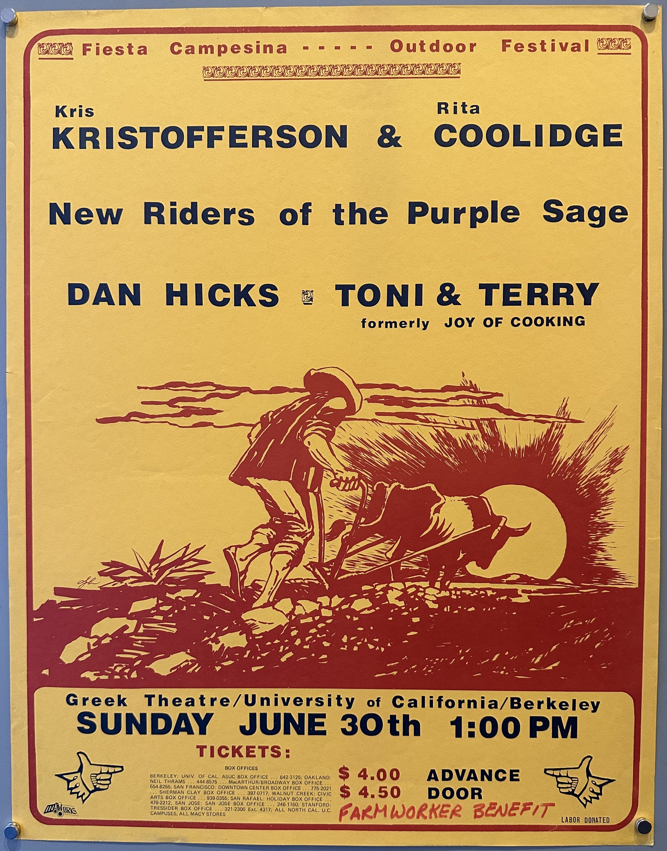 Red drawing of a farmer plowing his fields with the acts in the music festival in black text above.