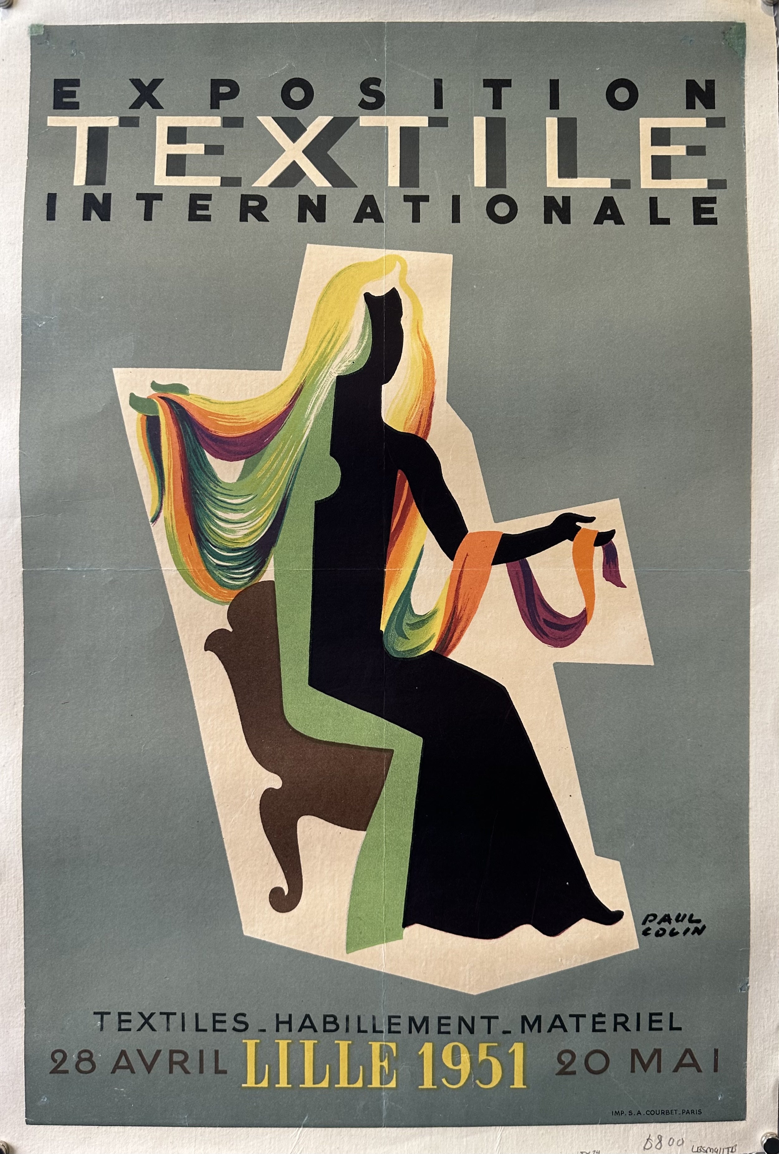 Faceless woman's body is adorned by rainbow hair against a grey background for the International Textile Exposition