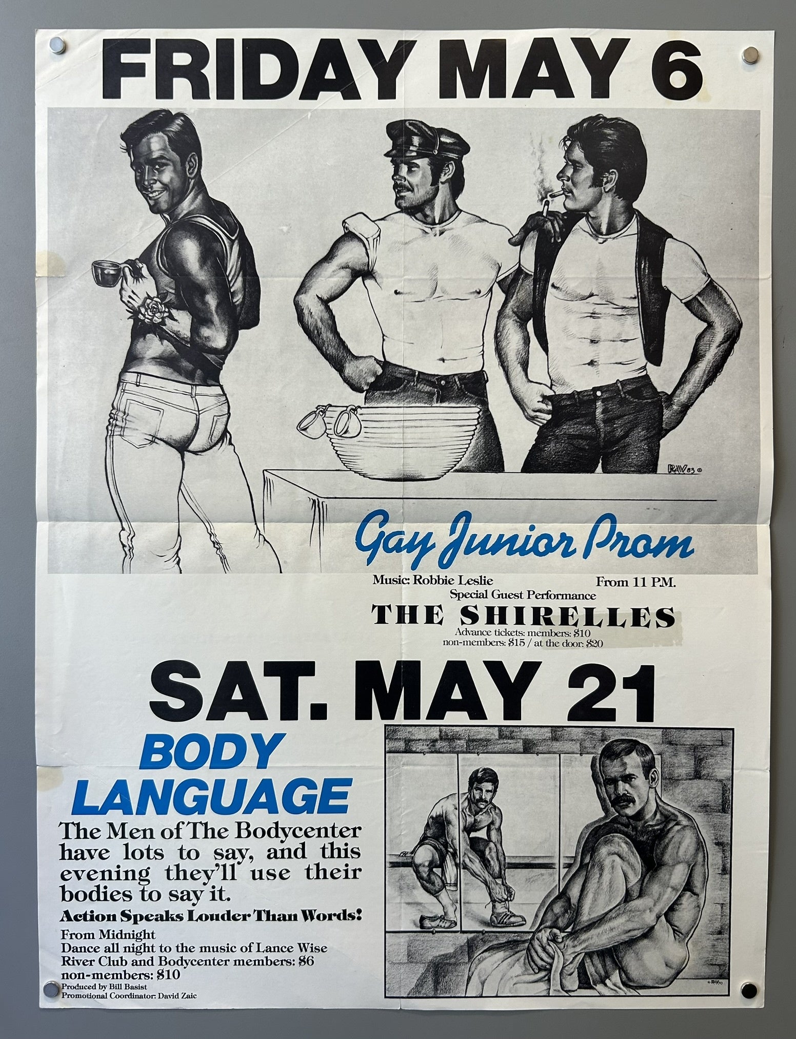The poster advertises events on "FRIDAY MAY 6" and "SAT. MAY 21". Checking historical calendars reveals that May 6th fell on a Friday and May 21st fell on a Saturday in the year 1977.