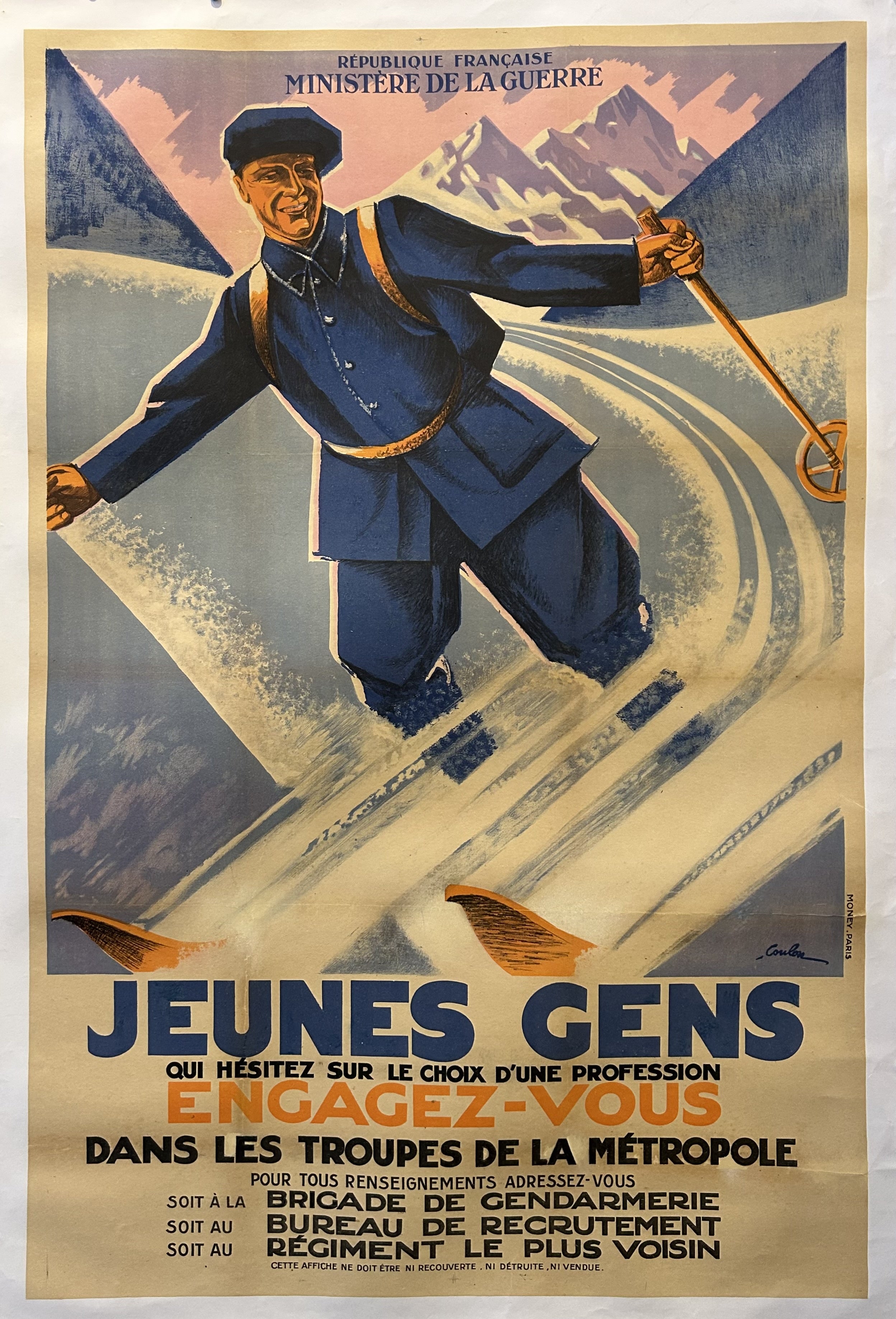 French military officer skis down a slope with blue, black, and orange text below him calling for young recruits