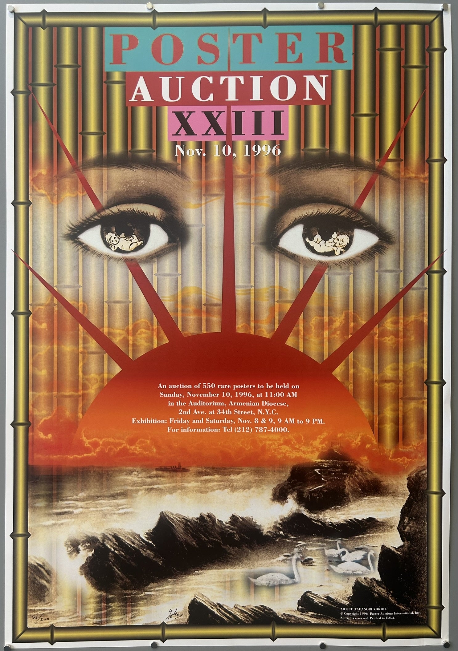 This poster advertises "Poster Auction XXIII," which took place on Sunday, November 10, 1996, at 11:00 AM in the Auditorium of the Armenian Diocese, located at 2nd Ave. at 34th Street, N.Y.C. The auction featured 550 rare posters.