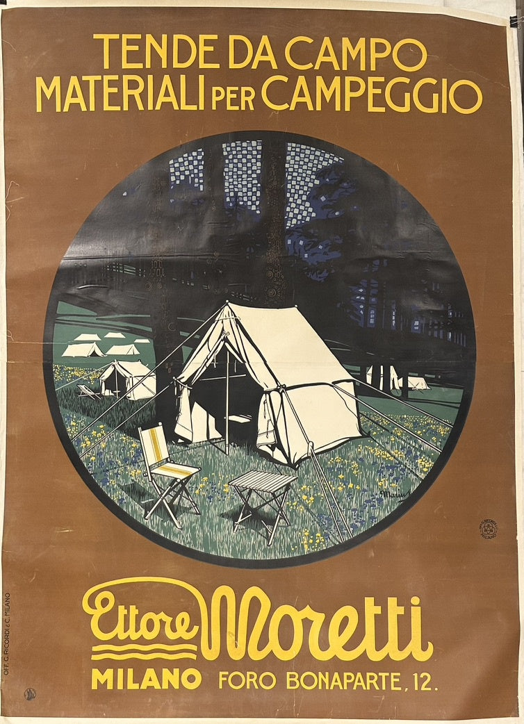 The poster features a central circular illustration depicting a serene camping scene with tents, chairs, and a table in a wooded area