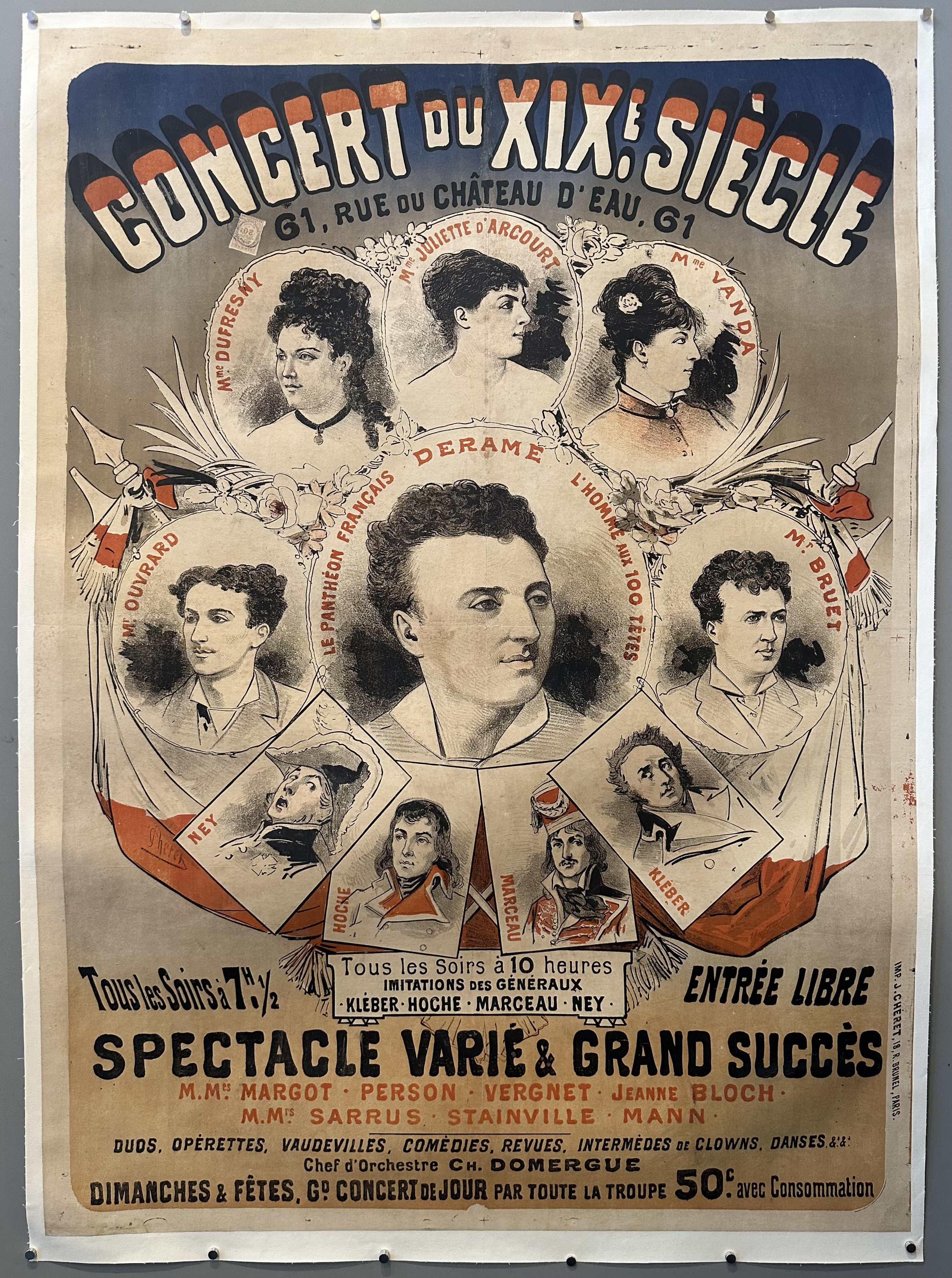 A vintage poster advertising the "Concert du XIXe Siecle" featuring portraits of performers and the french text describing the concert.