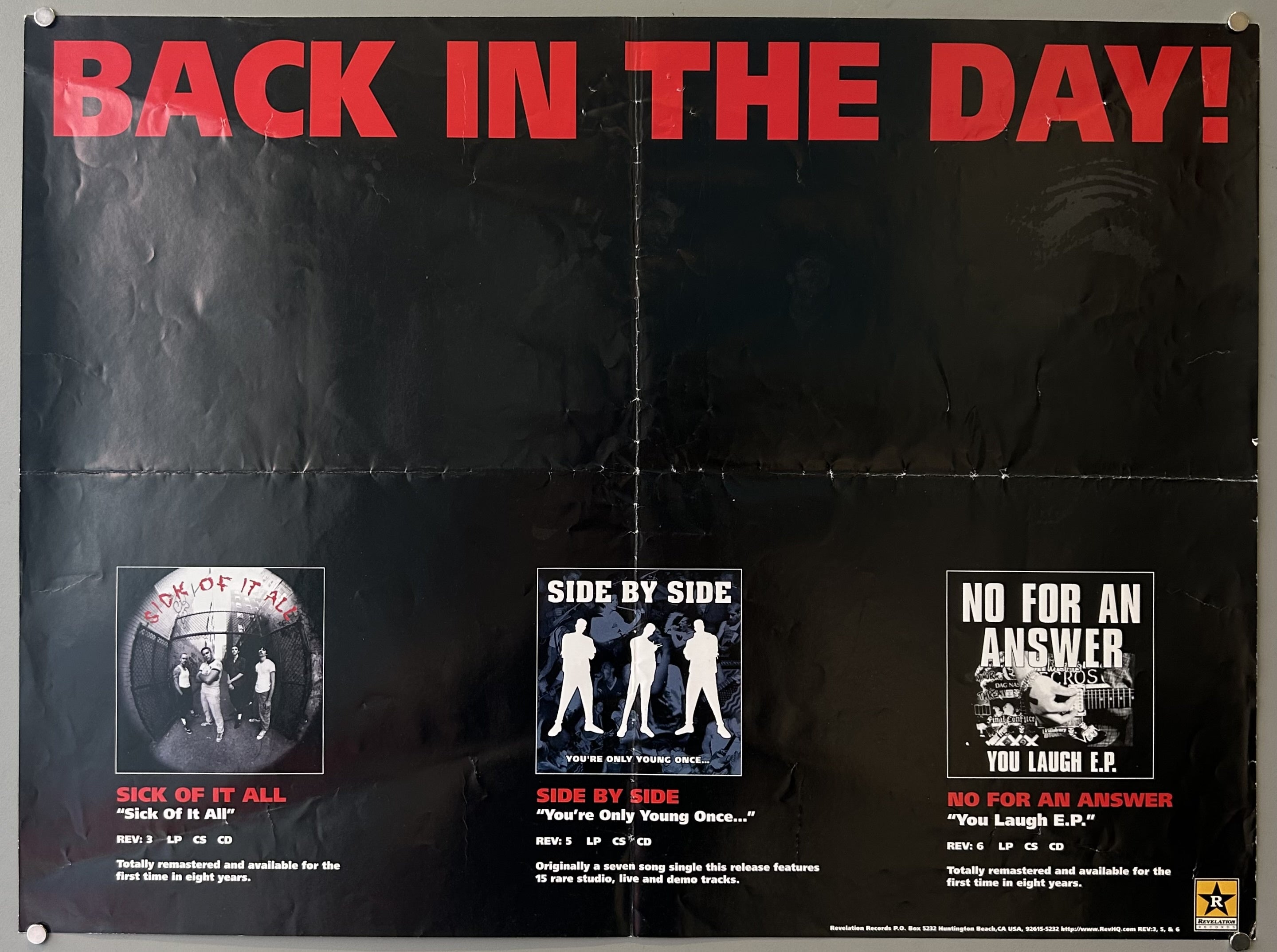 Black horizontal poster with red text to promote band Sick of it All's remastered songs and albums.