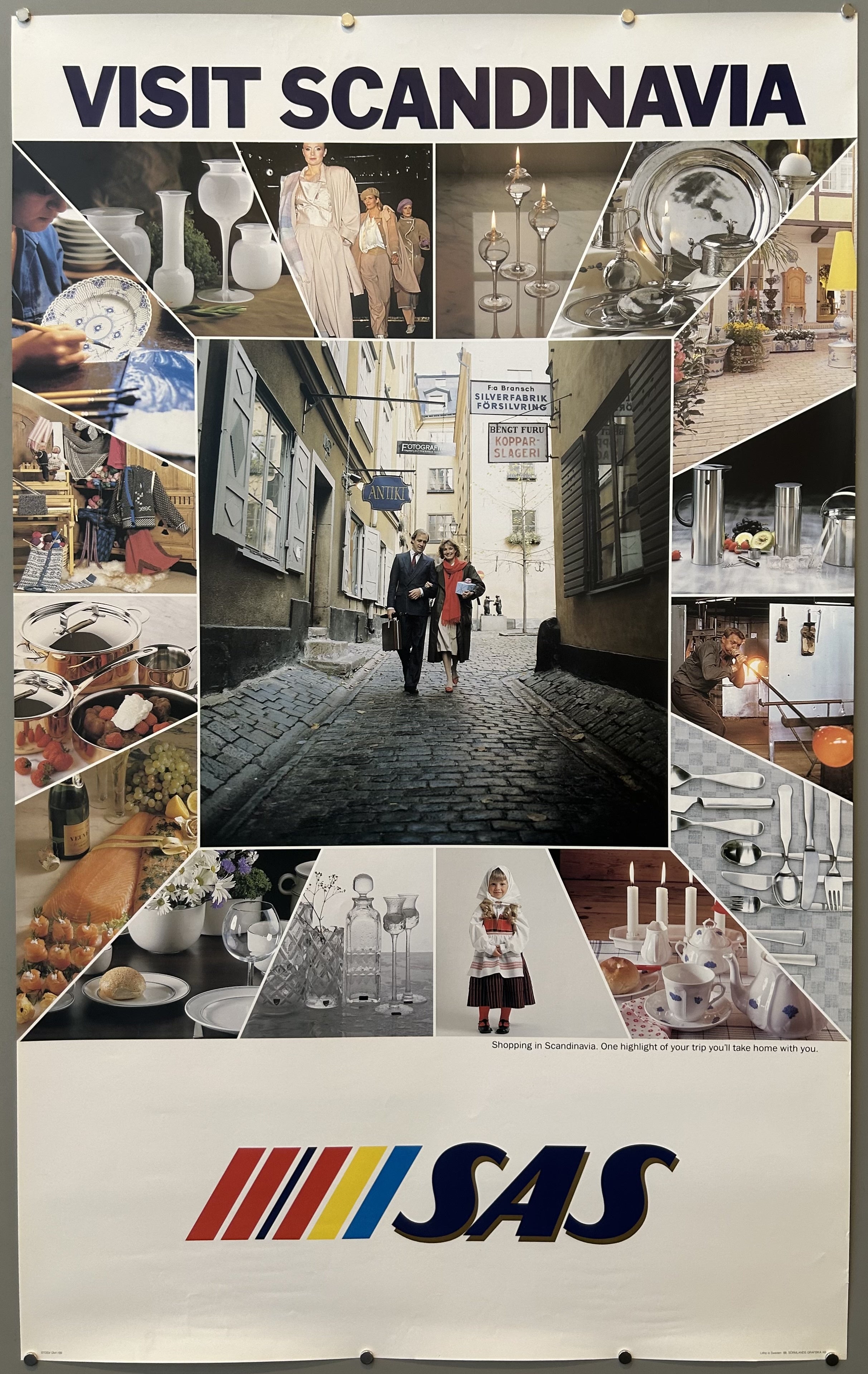 Collage of photos in vintage travel poster from SAS promoting shopping in Scandinavia, text along top and bottom against white border.