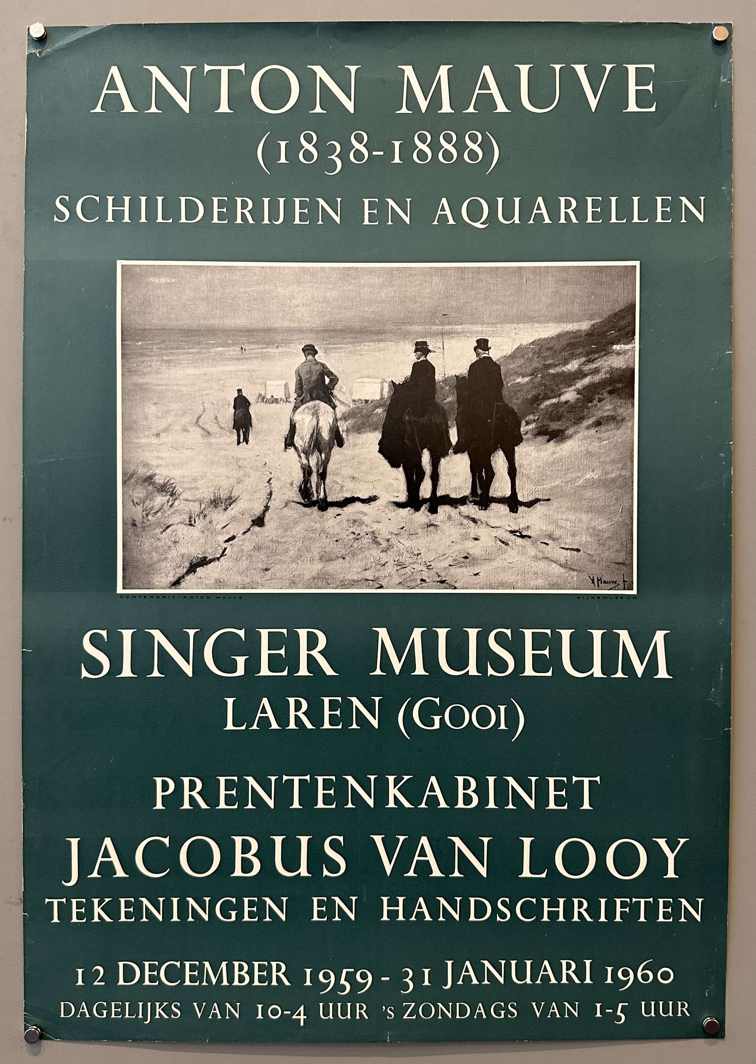 This poster is an exhibition announcement for two Dutch artists, Anton Mauve and Jacobus van Looy, held at the Singer Museum in Laren, Netherlands.