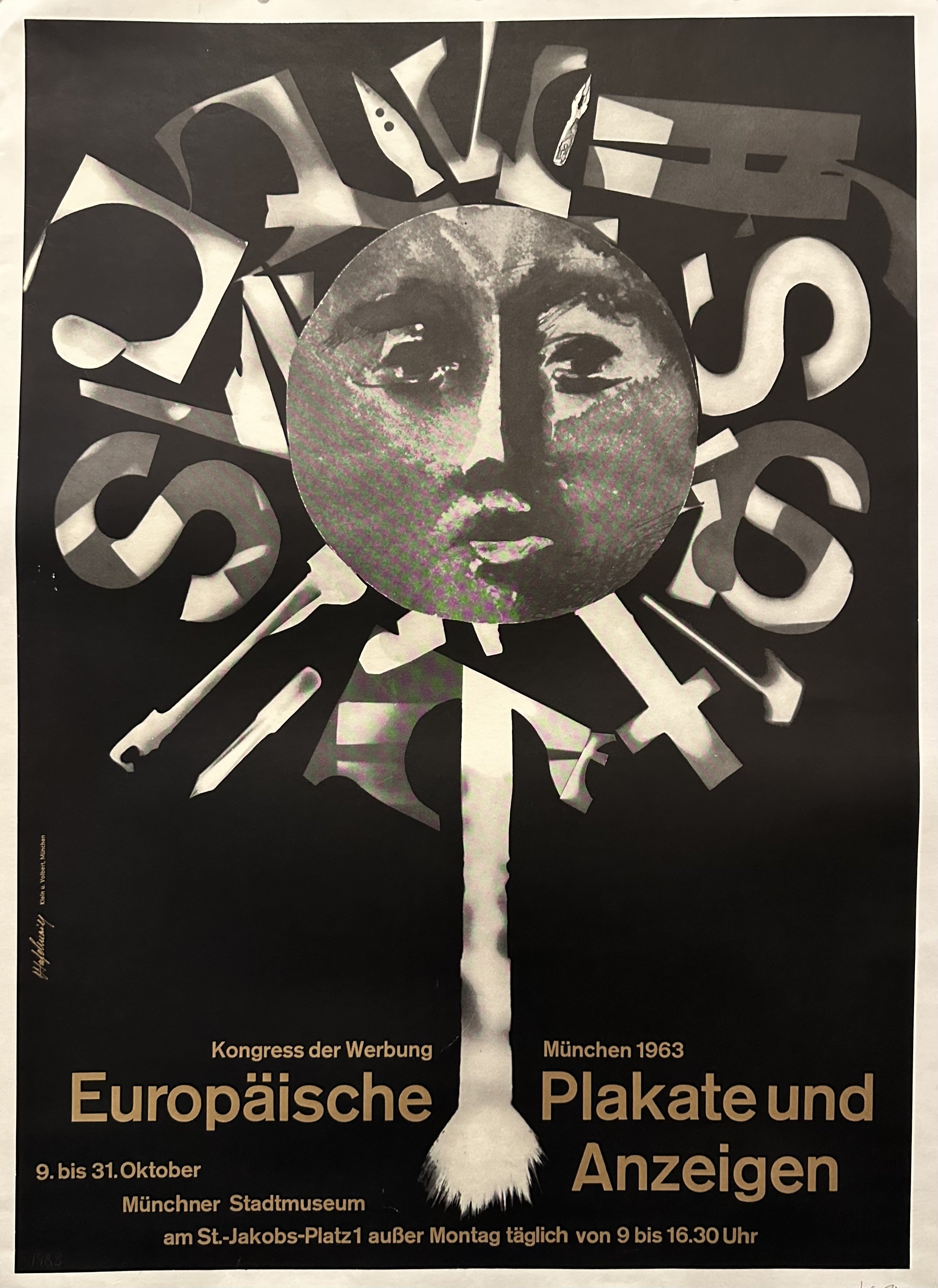 Black and white superimposed image of a moon over tools to promote exhibition of European posters.