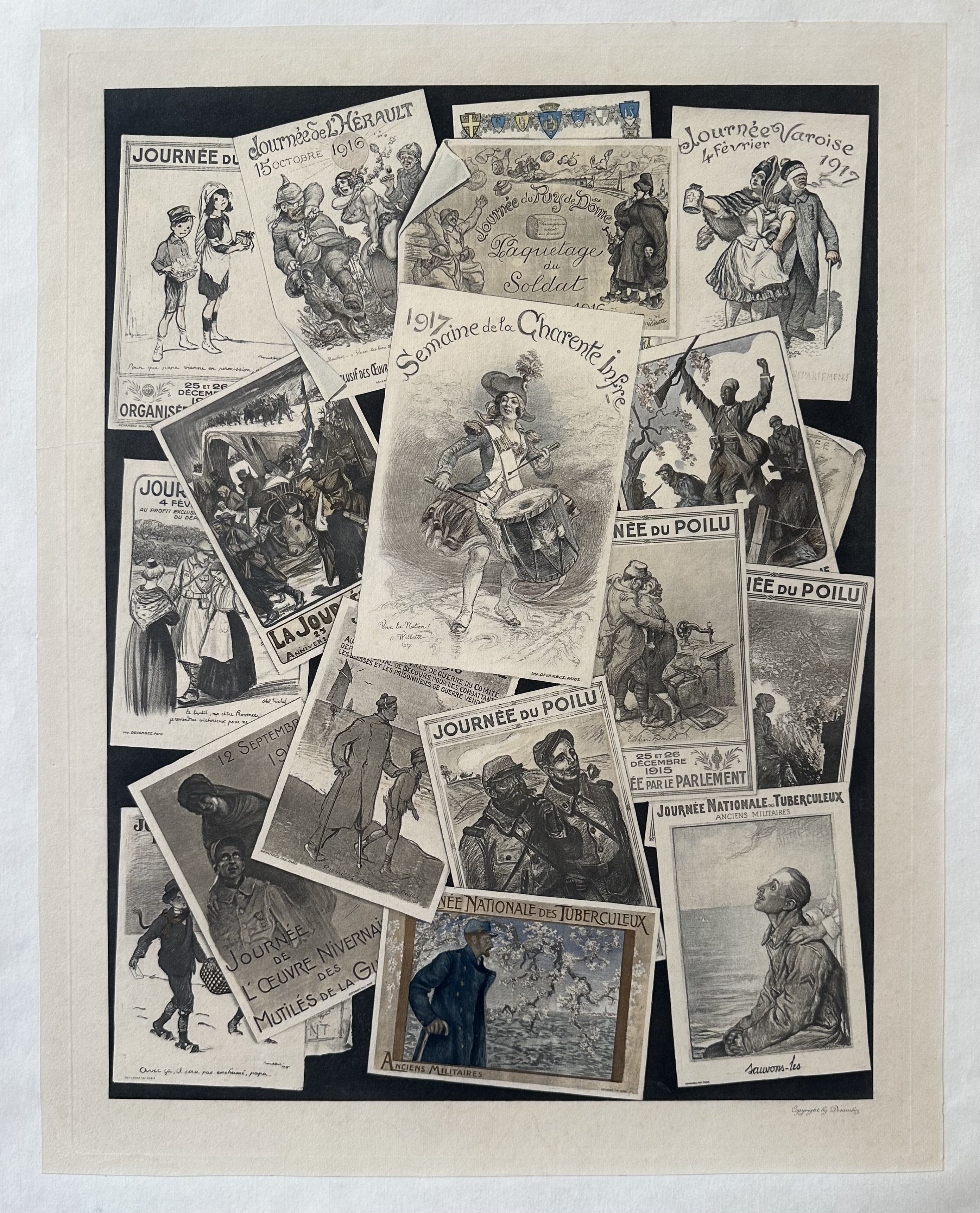 Multiple black and white French magazine covers are assembled into a collage