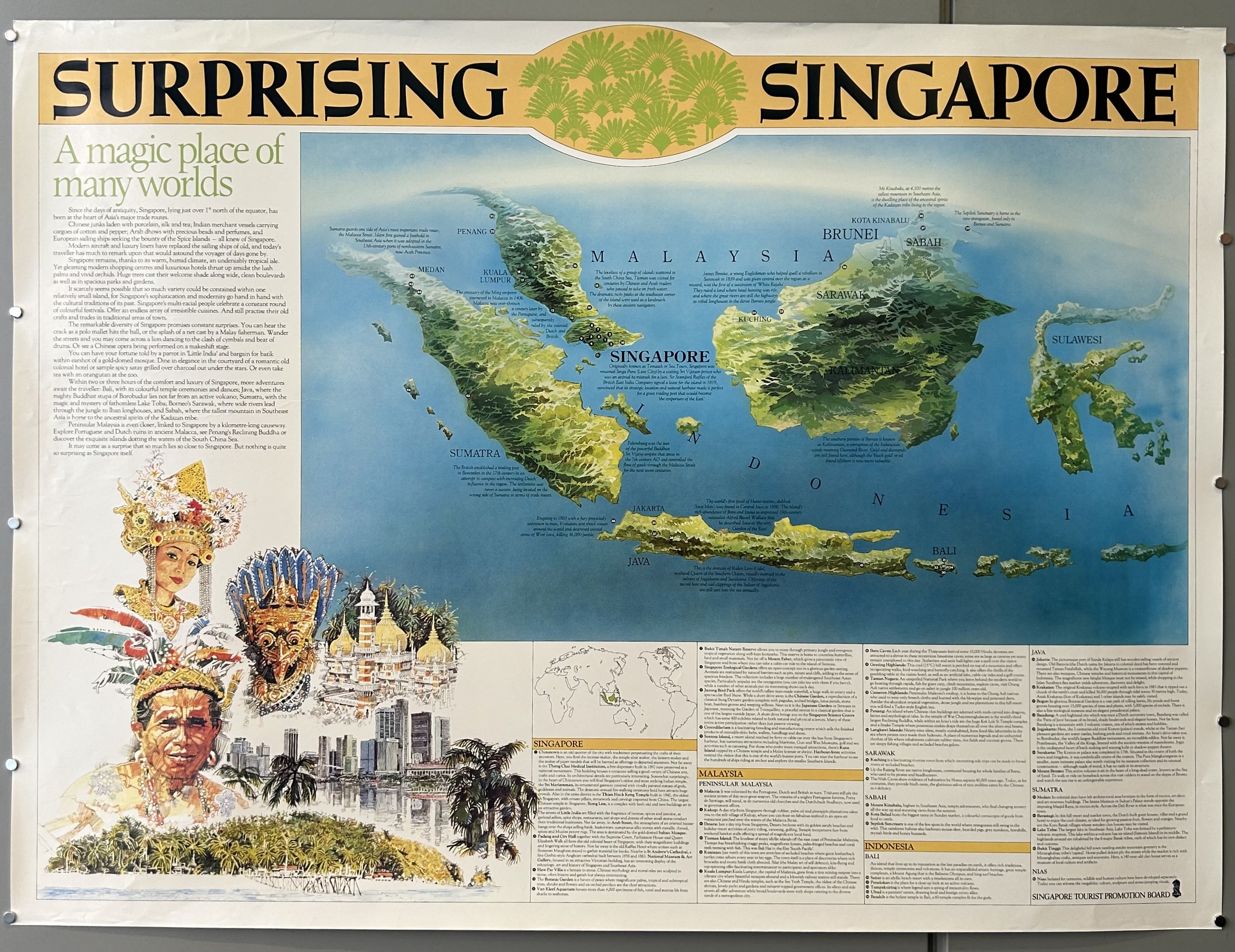 Singapore travel poster with illustrated map of Southeast Asia and cultural attractions of Singapore with text describing the history and other places to visit around Singapore.