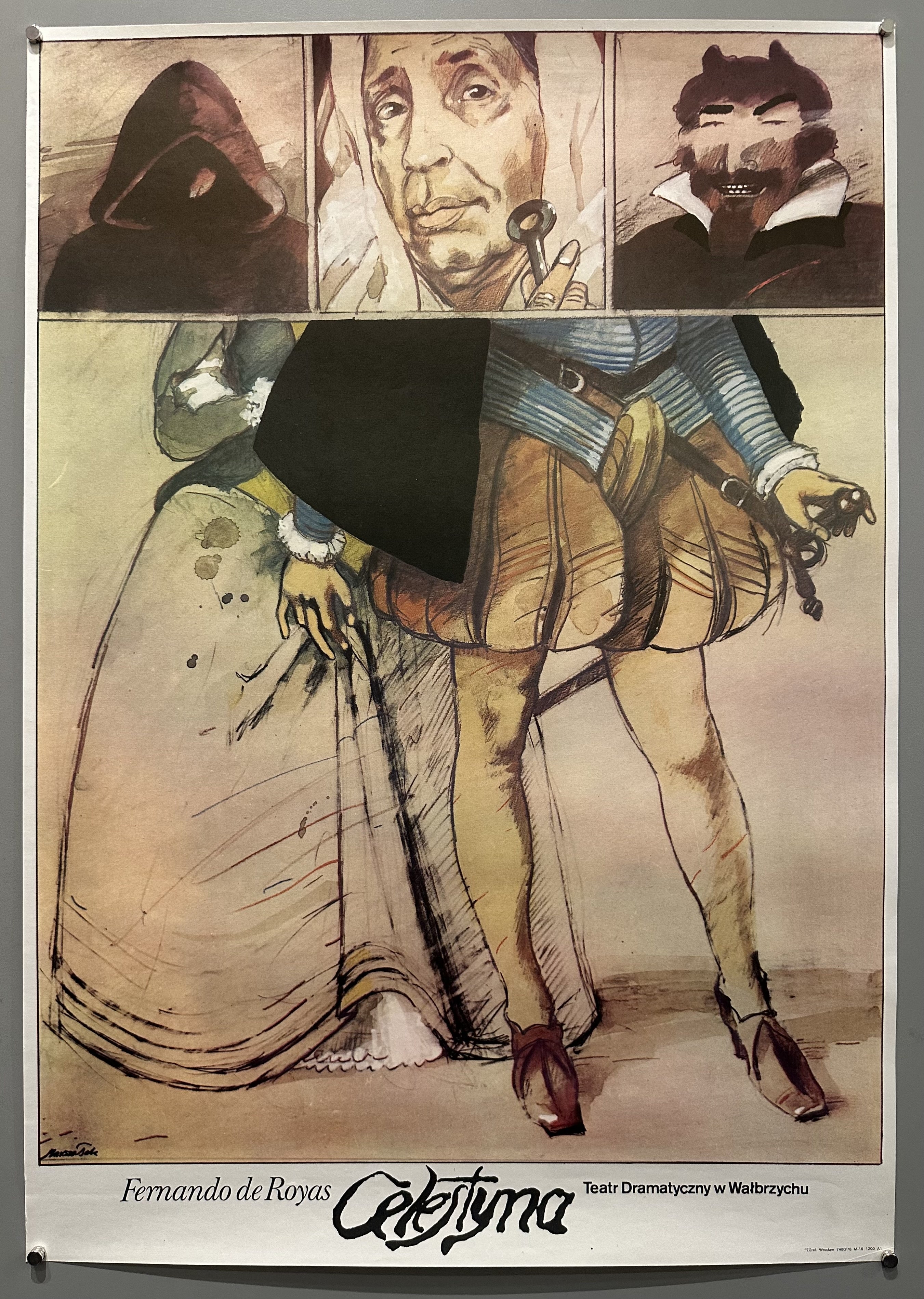 A vintage theater poster for a production of 'Celestyna' by Fernando de Rojas at the Teatr Dramatyczny w Wałbrzychu. he poster features a collage of five characters the bottom one being colorful Renaissance-style outfit,