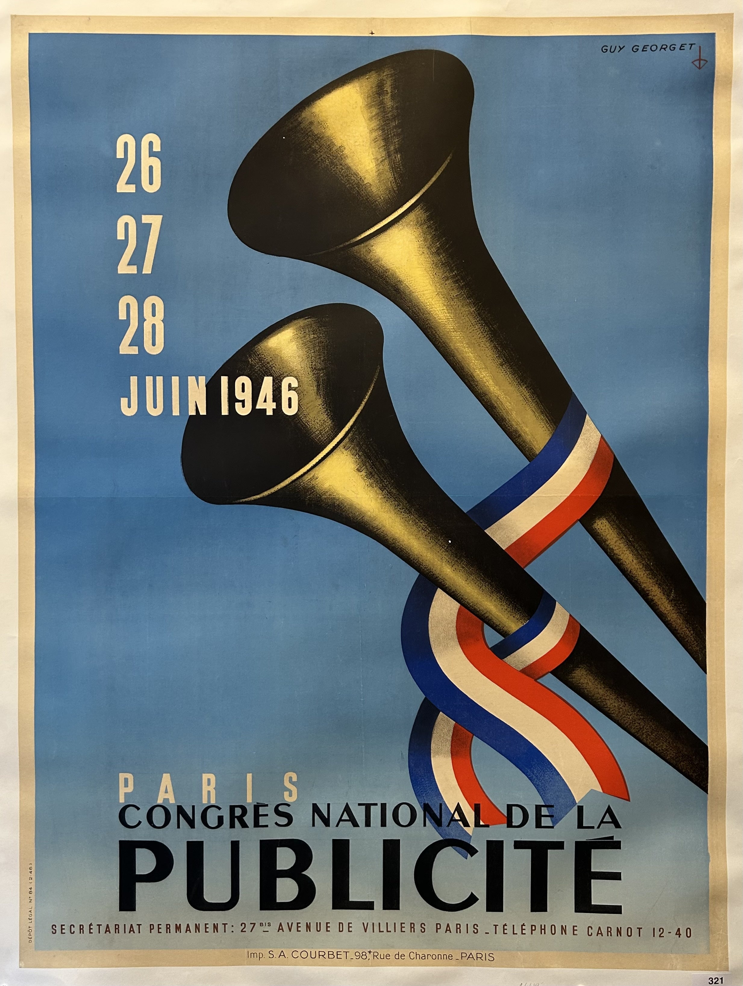 Two French horns with the flag wrapped around them announcing the advertising exhibition.