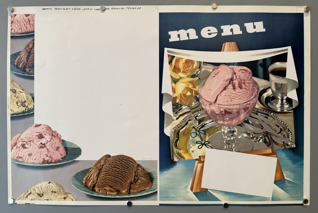 Beige background with a split design, with the left side showcasing various ice cream flavors on plates and the right side displaying a close-up of a pink ice cream sundae, along with a coffee cup, all set on a silver tray. The word "menu" is prominently displayed at the top of the right side, and there are blank spaces on both sides for customization