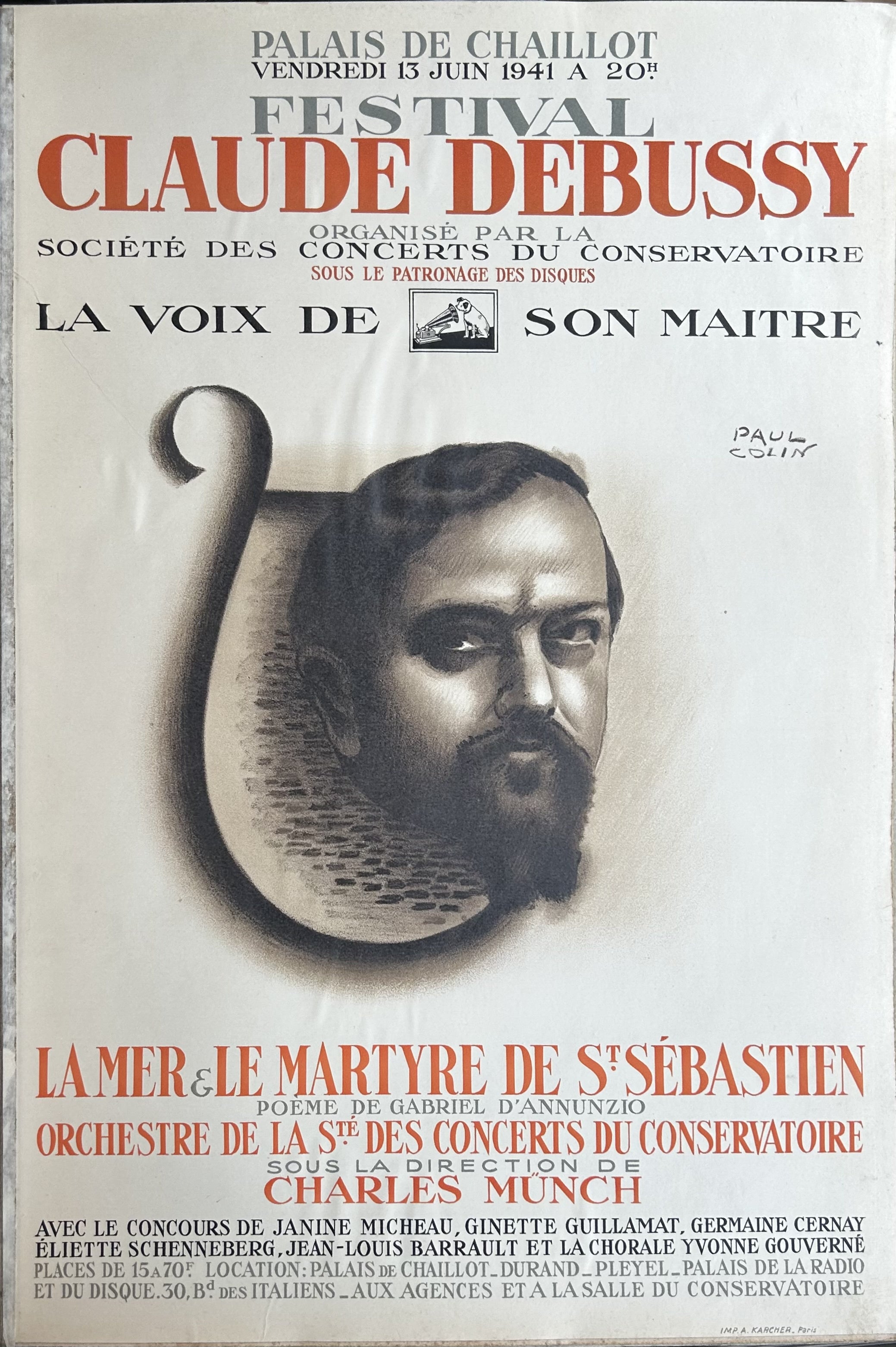 Music poster of Claude Debussy promoting a festival of his performances with orange accent text and a black and white potrtrait of the composer in French poster.