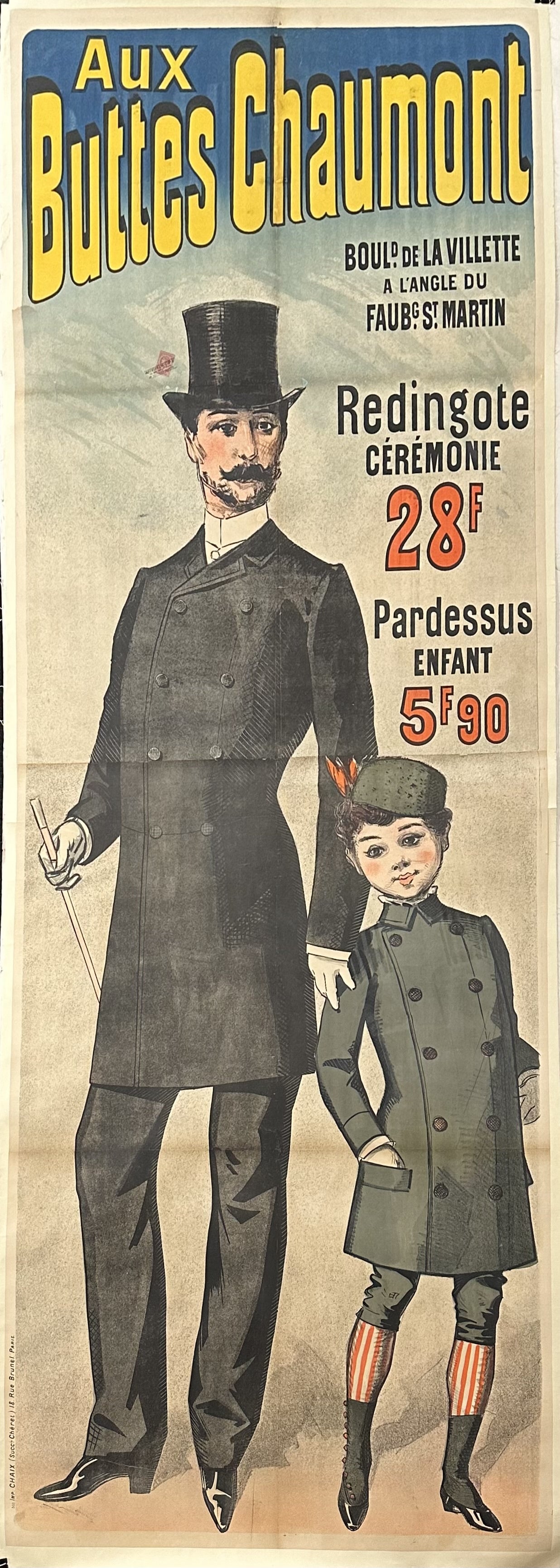 A man and boy pose in fashionable clothing in this vintage French advertisement for a department store.