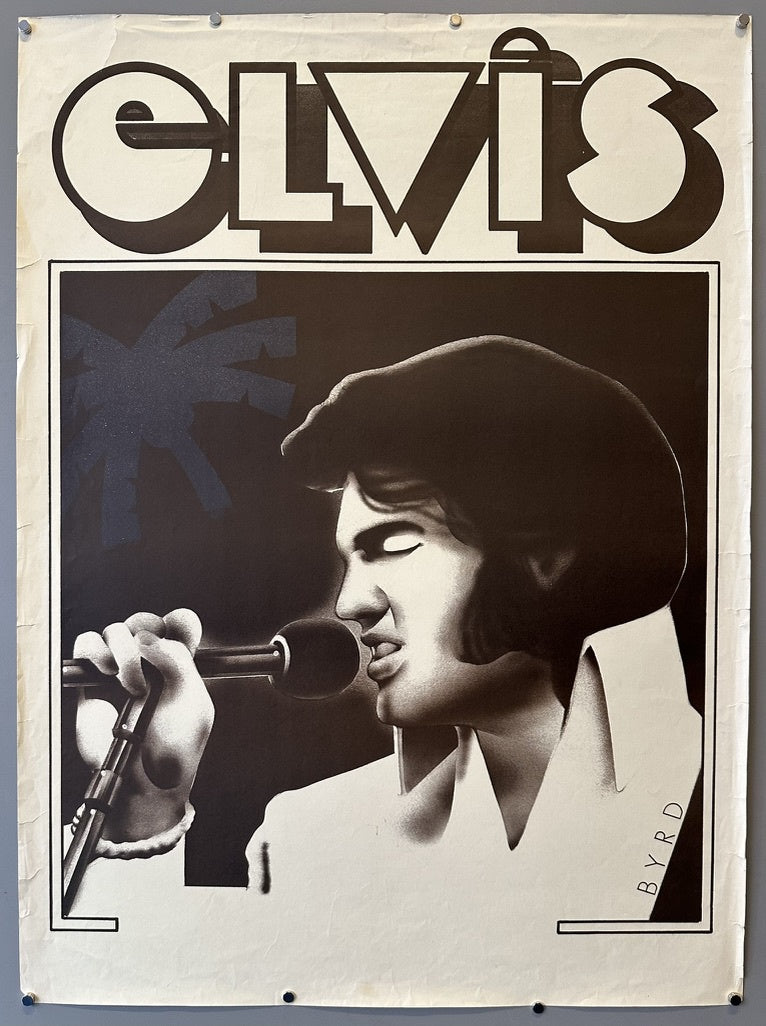 Black and white poster featuring a stylized image of Elvis Presley singing into a microphone, with the word 'ELVIS' prominently displayed above and 'BYRD' in the bottom right corner.