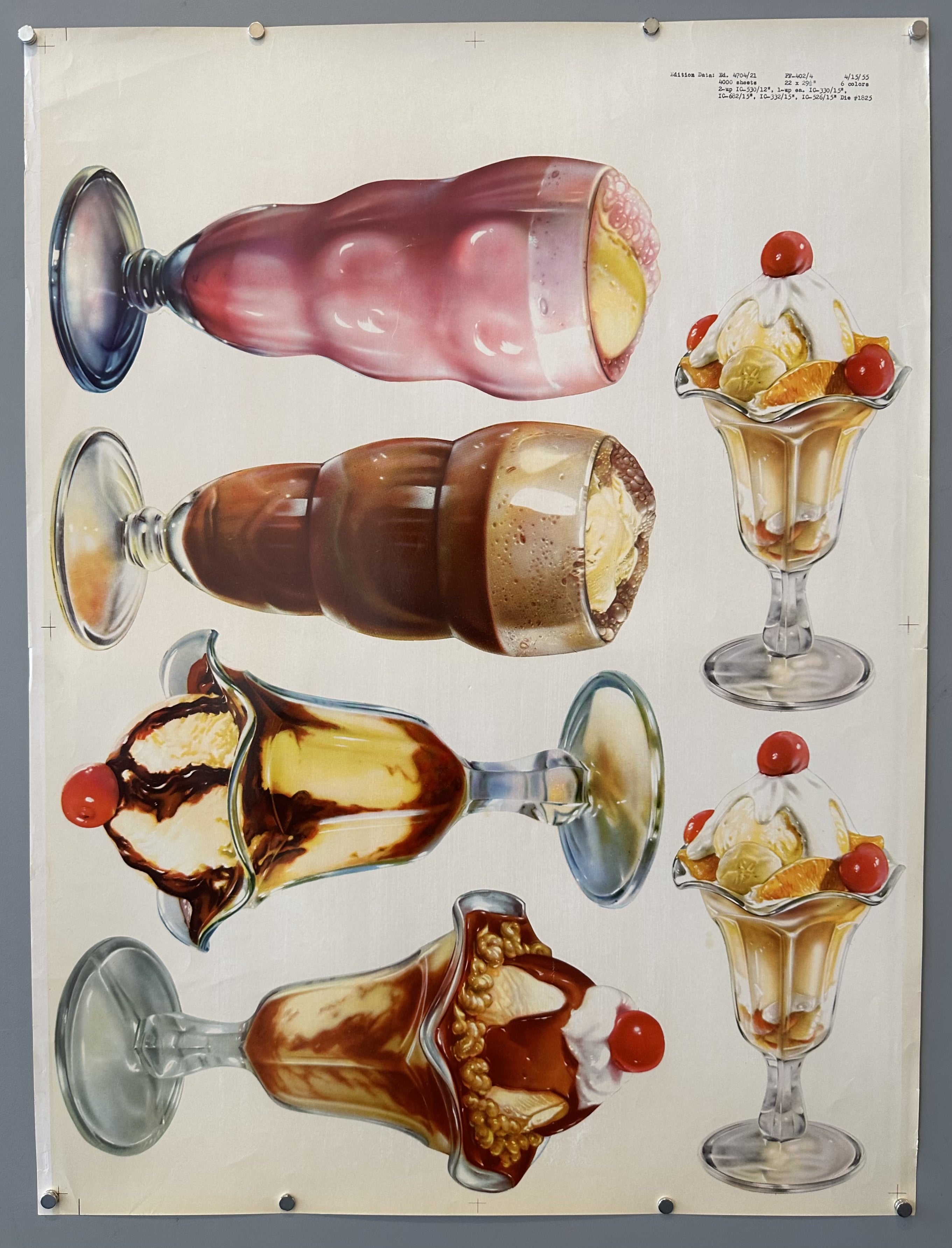 Plain white background with six different kinds of ice cream sundaes illustrated in center, including strawberry, root beer, and others.