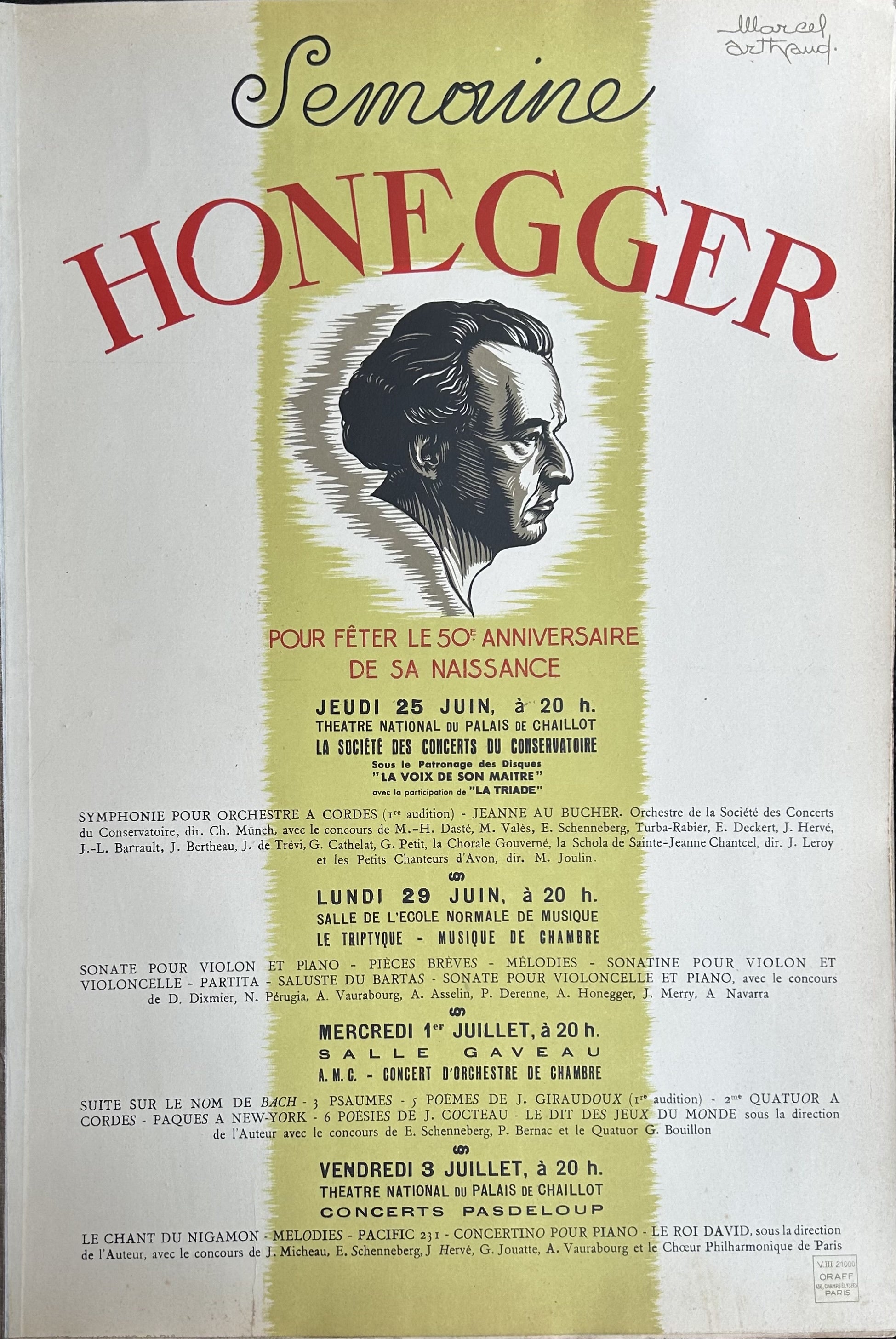 Birthday celebration for Arnold Honegger featuring red accent text and a side profile of the composer above a list of performances in French poster.