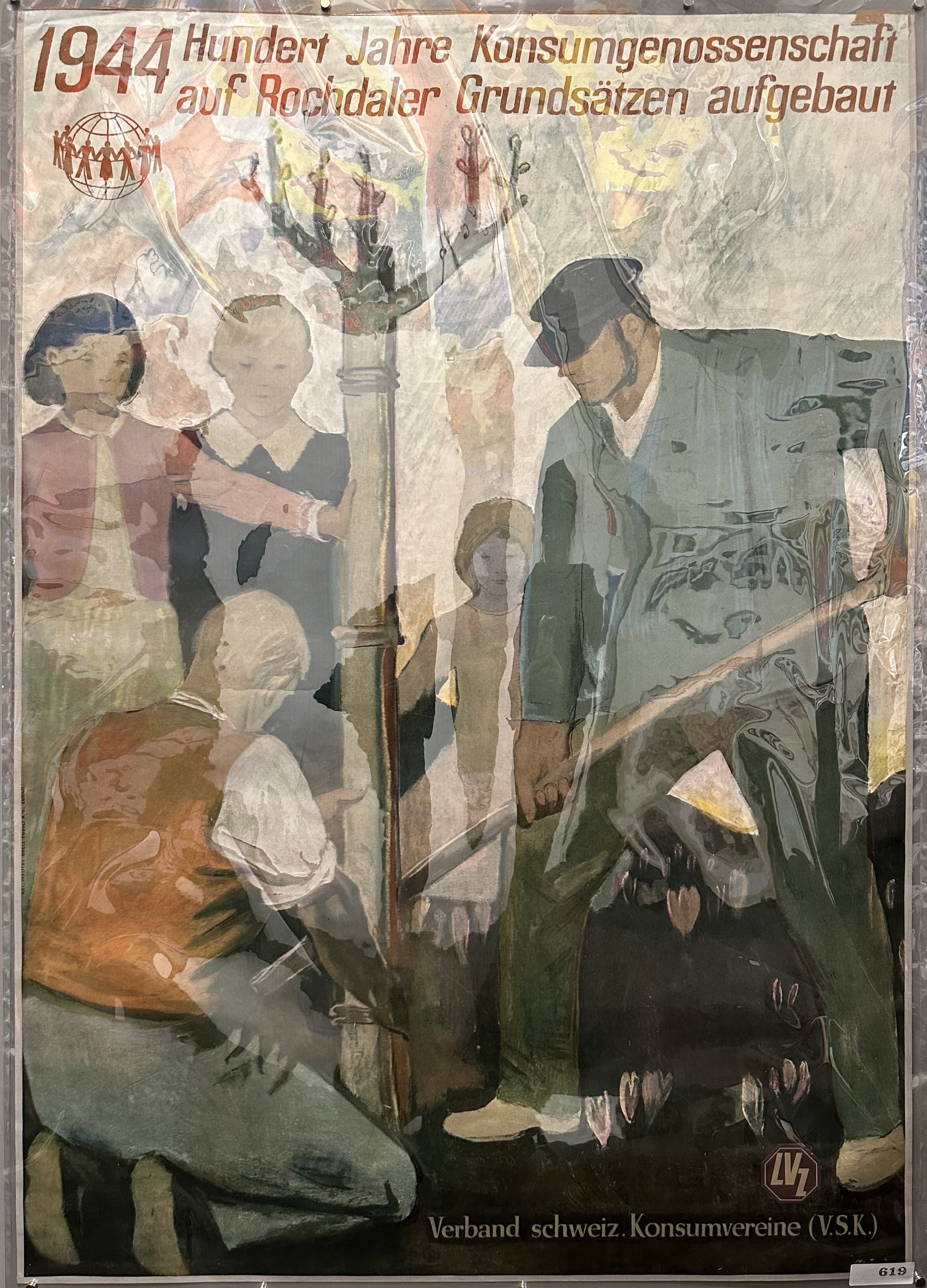People stand in a group around a man working with a gardening tool in Swiss union poster.