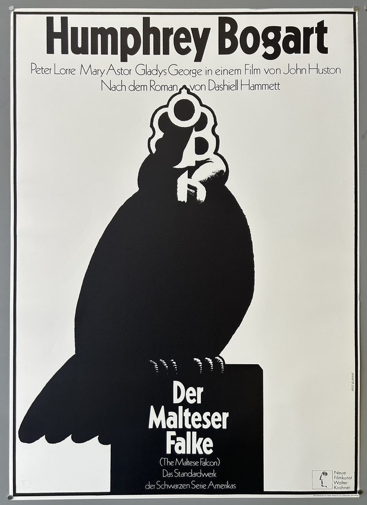 The poster features a prominent black silhouette of a falcon, symbolizing the titular "Maltese Falcon" statuette central to the film's plot. The falcon's head is stylized to resemble a pistol, reflecting the noir genre and the film's themes of crime and danger.